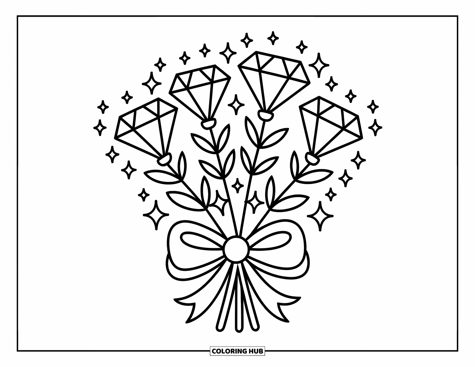 Diamond Coloring Page for Adults: A bouquet of sparkling diamond flowers is tied together with a sweet, fluffy bow