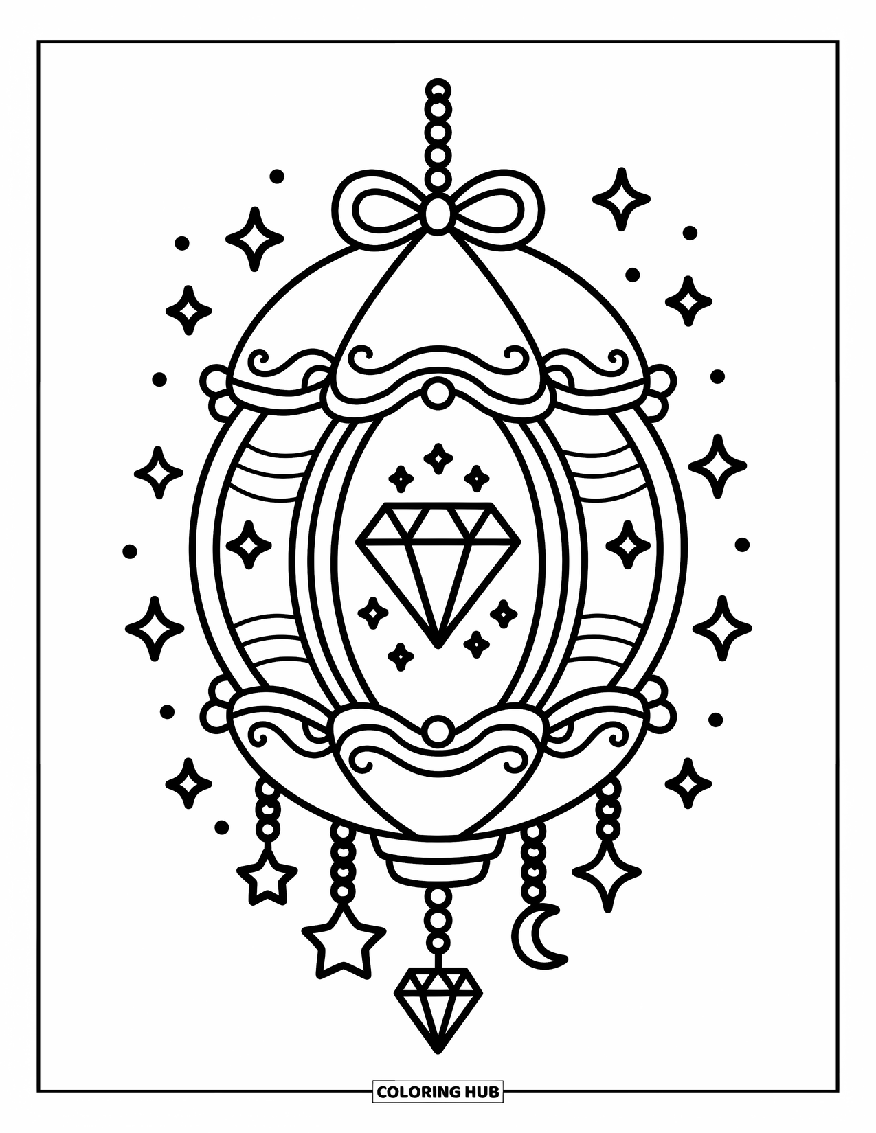 Diamond Coloring Page for Adults: A cozy lantern holds a diamond and dangles cute stars and moon charms