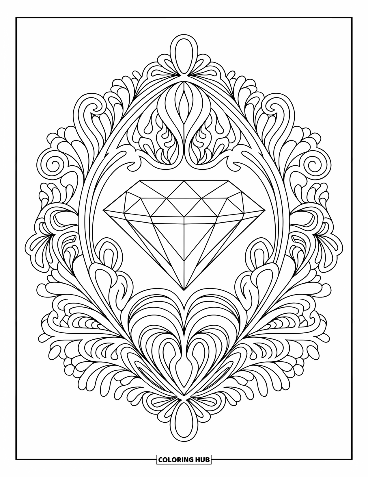 Diamond Coloring Page for Adults: A cushion-cut diamond rests in swirling lace and leaf patterns