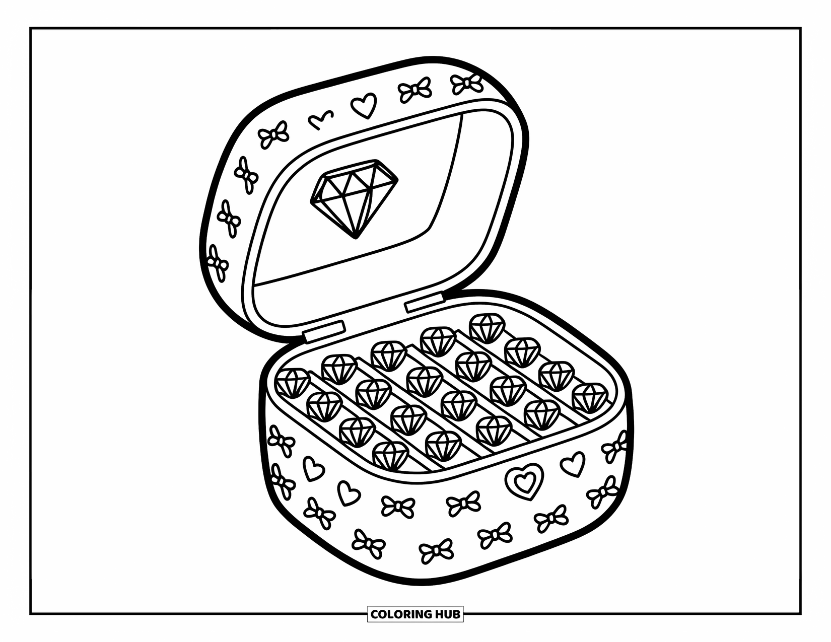 Diamond Coloring Page for Adults: A cute jewelry box shows off candy-like diamonds and playful mini details