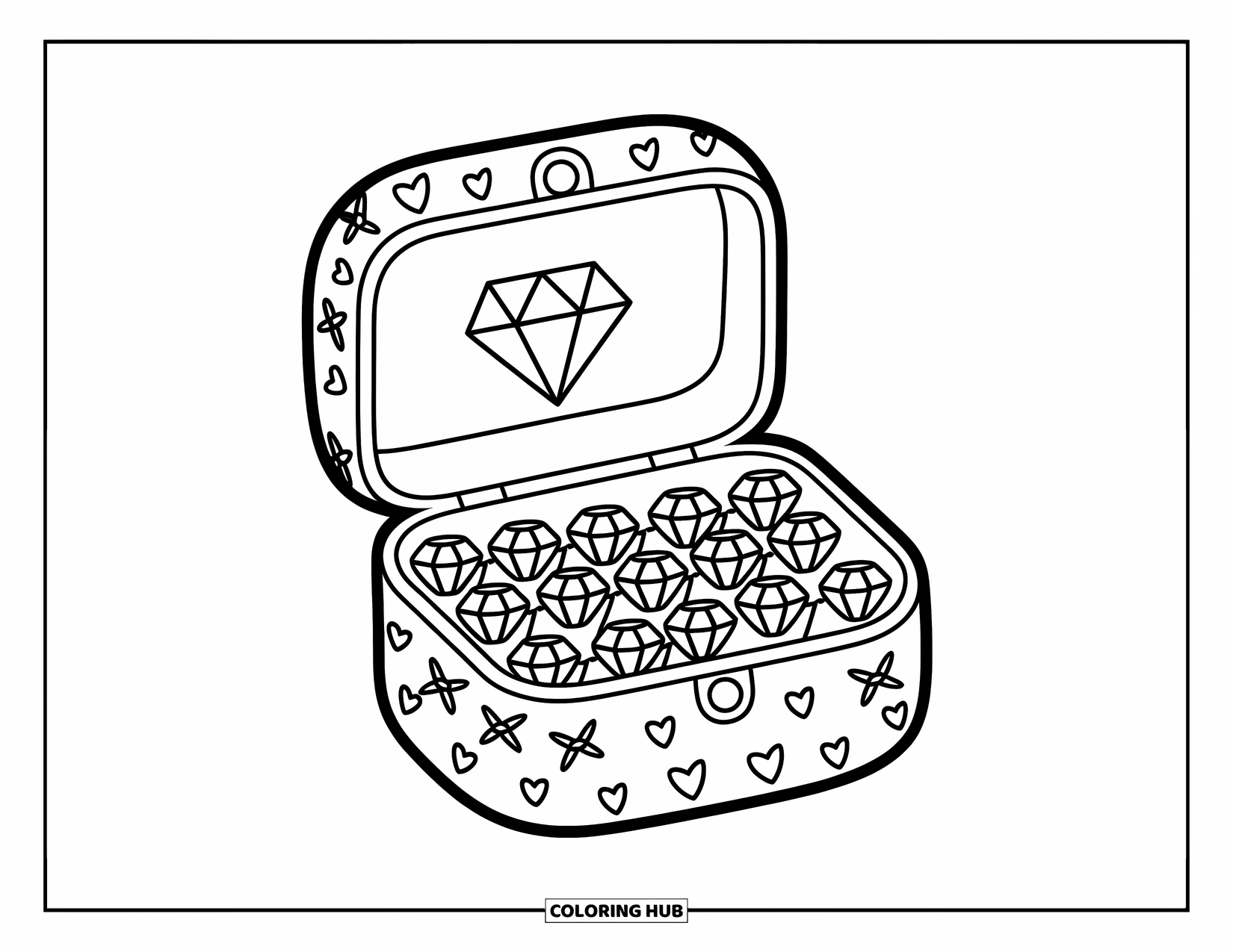 Diamond Coloring Page for Adults: A diamond-filled jewelry box sparkles with hearts, bows, and tiny doodles