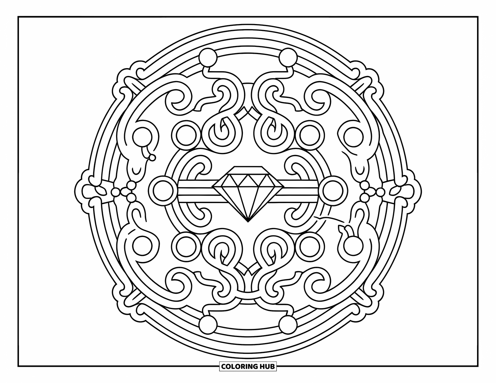 Diamond Coloring Page for Adults: A diamond ring sits in the center of a pearl and vine jewelry pattern