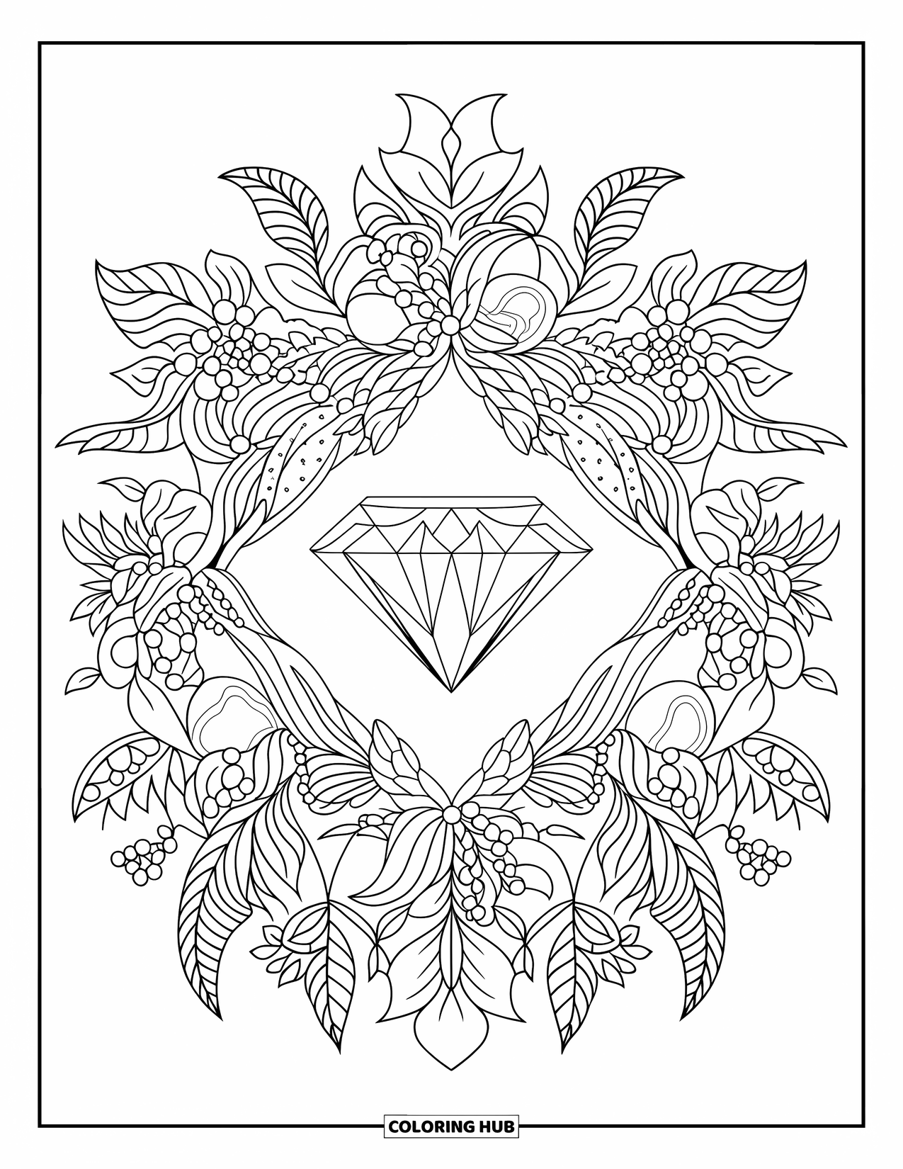 Diamond Coloring Page for Adults: A floral mandala surrounds a centered princess-cut diamond