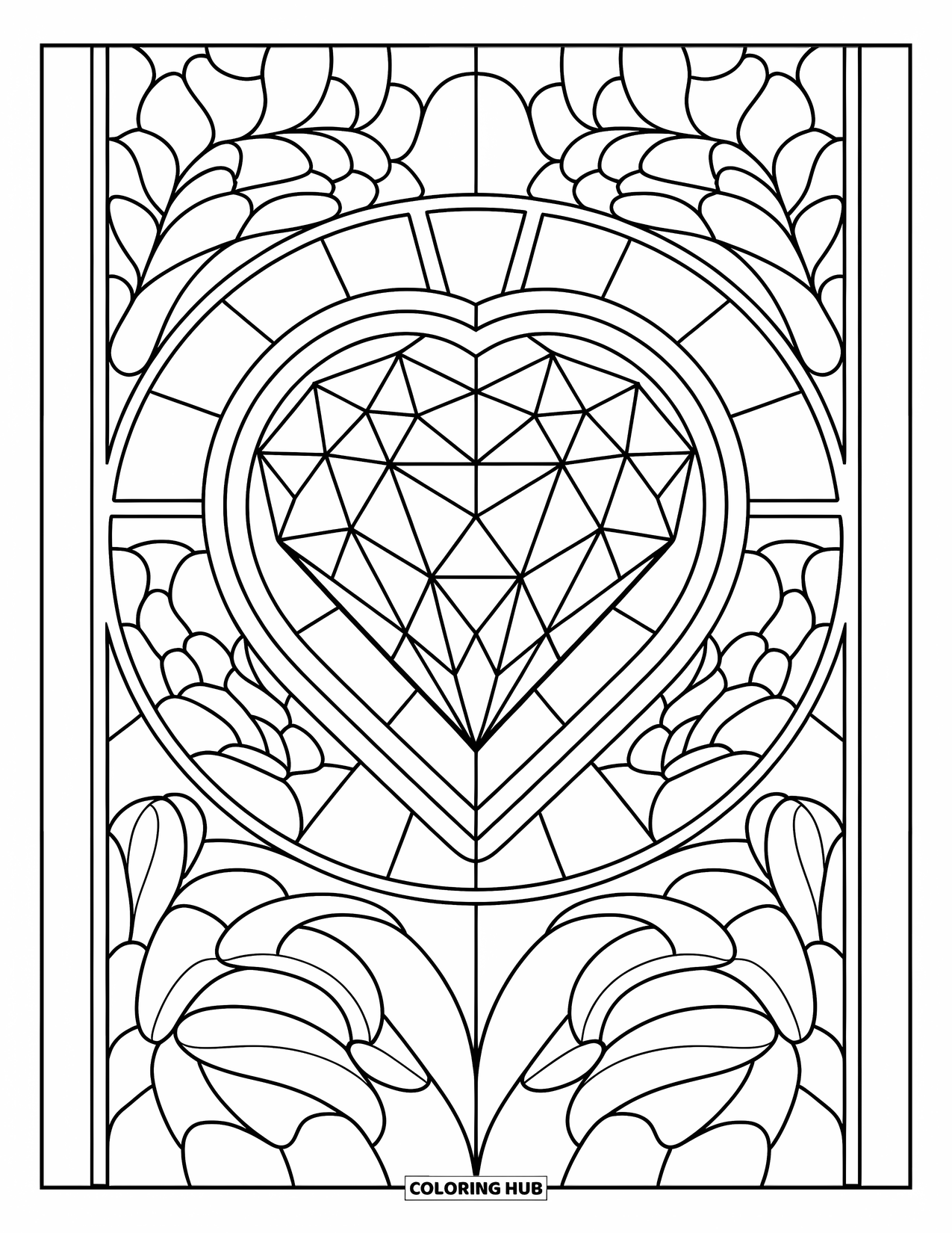 Diamond Coloring Page for Adults: A heart-cut diamond rests in a circular frame of floral stained glass