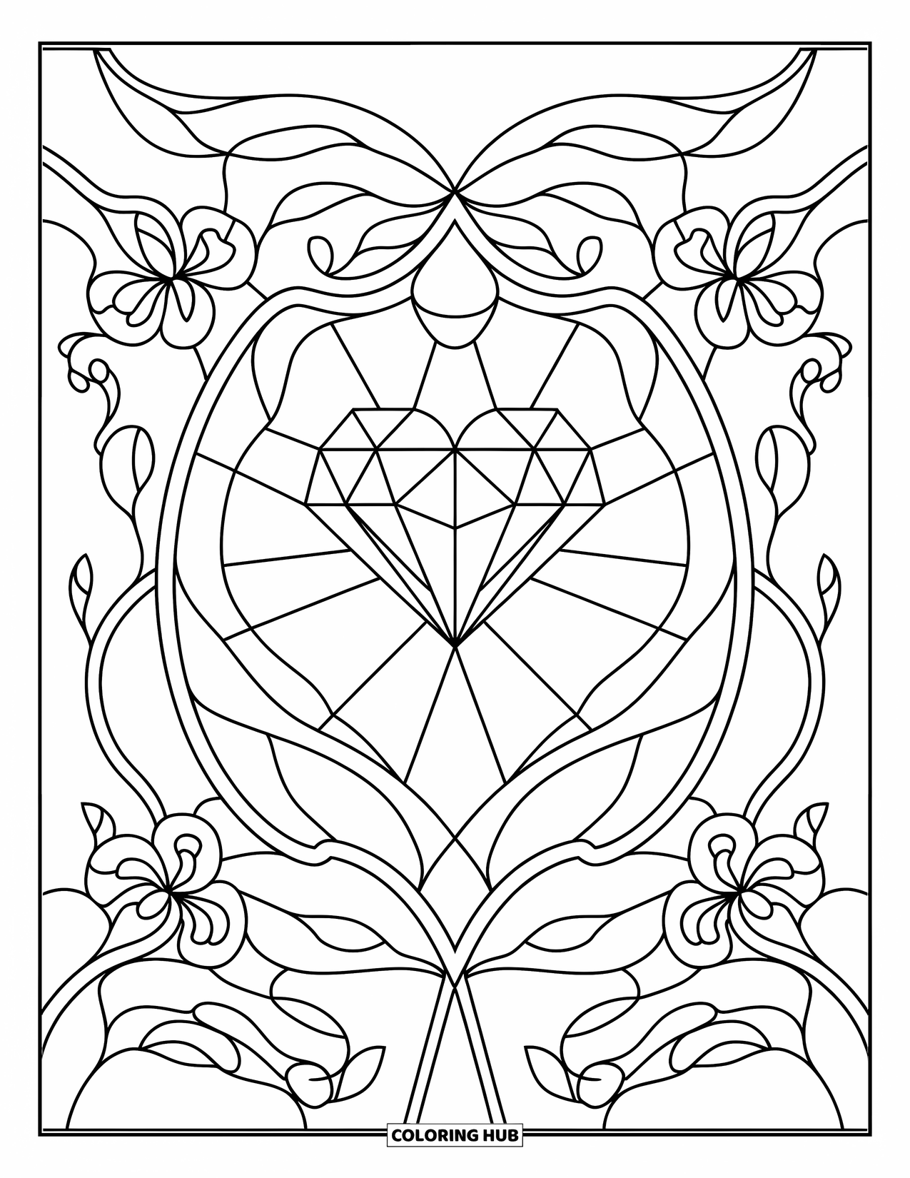 Diamond Coloring Page for Adults: A heart-shaped diamond glows inside a stained-glass window of flowing flowers