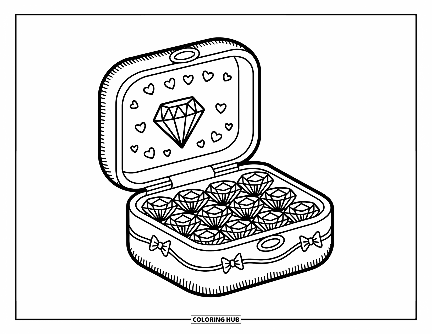 Diamond Coloring Page for Adults: A jewelry box opens to reveal diamonds neatly lined like candy treats