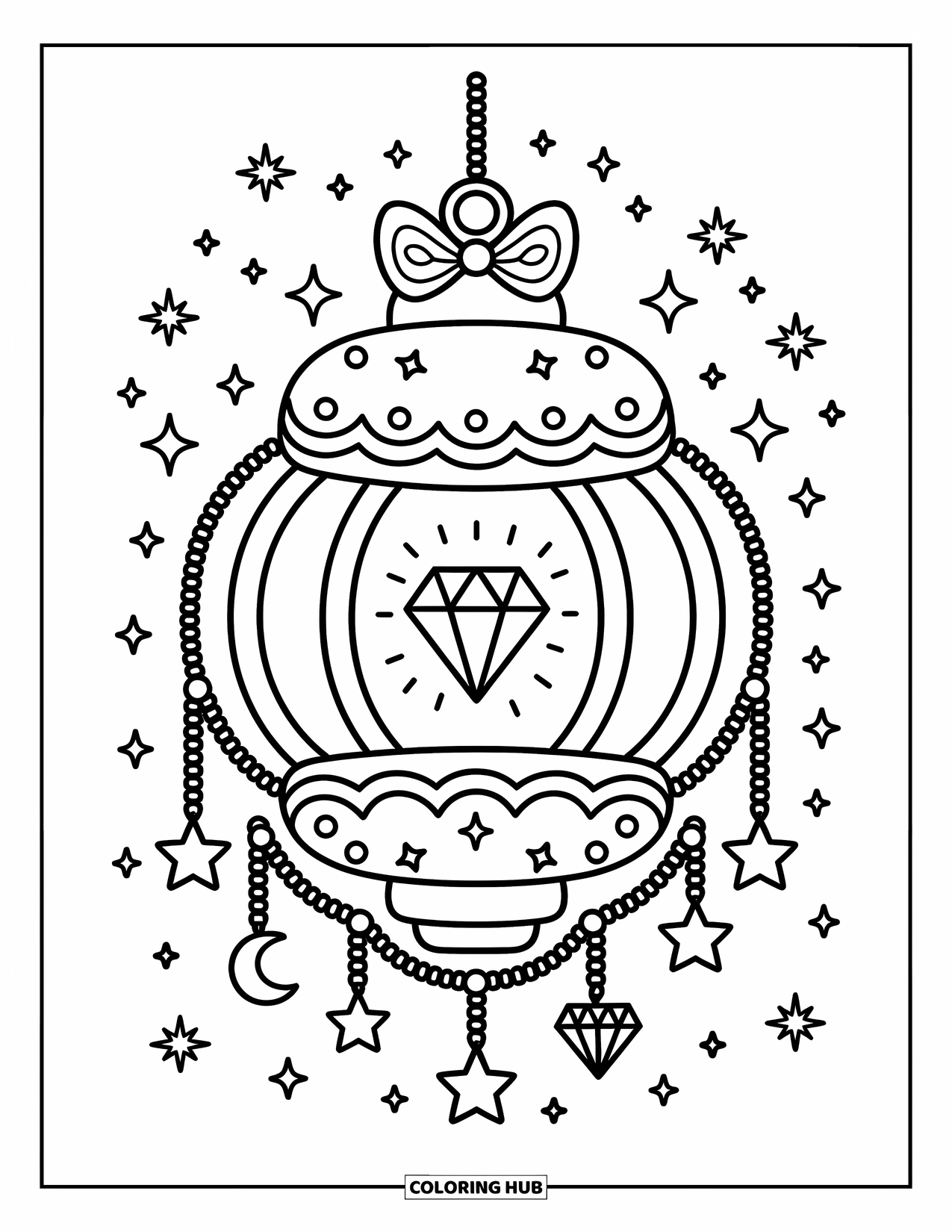 Diamond Coloring Page for Adults: A lantern with scalloped edges surrounds a diamond and tiny twinkling charms