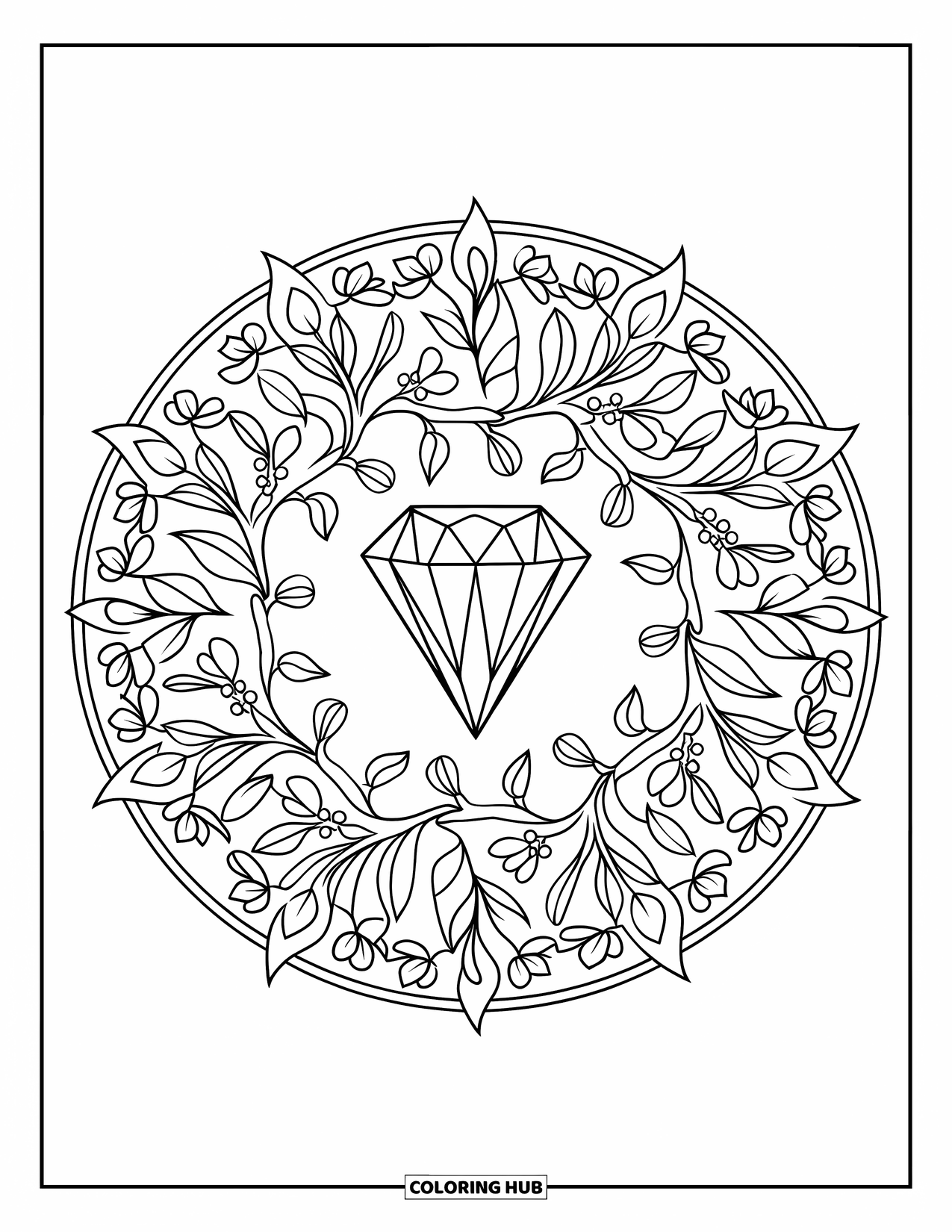 Diamond Coloring Page for Adults: A mandala of leaves and pods surrounds a marquise-shaped diamond