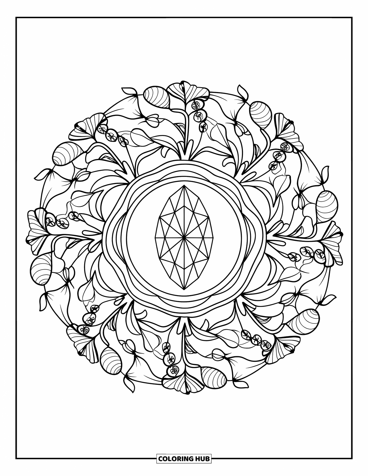 Diamond Coloring Page for Adults: A marquise diamond sparkles at the center of a floral mandala