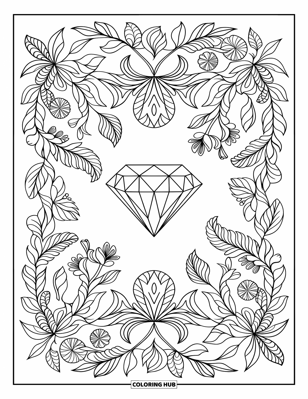 Diamond Coloring Page for Adults: A princess-cut diamond sparkles in the middle of a full floral mandala