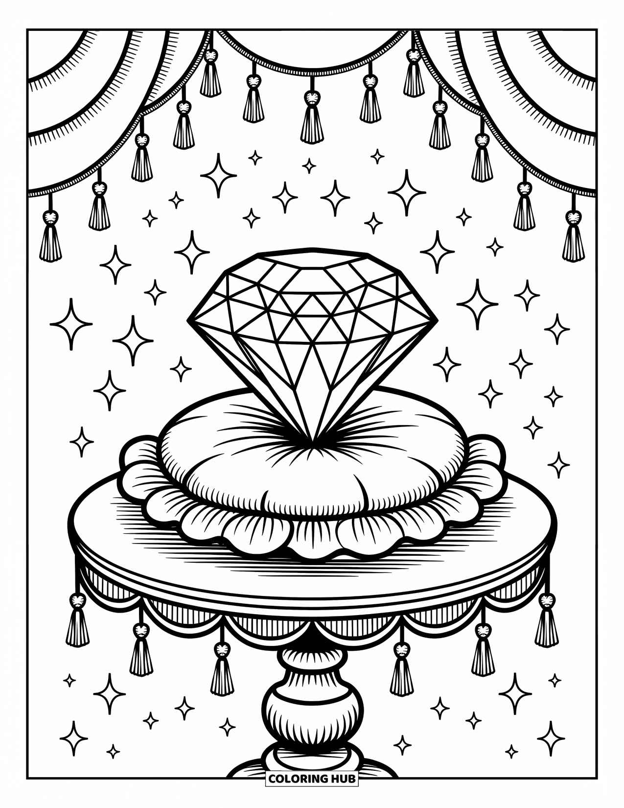 Diamond Coloring Page for Adults: A ruffled cushion holds a diamond on a table decorated with stars and bows