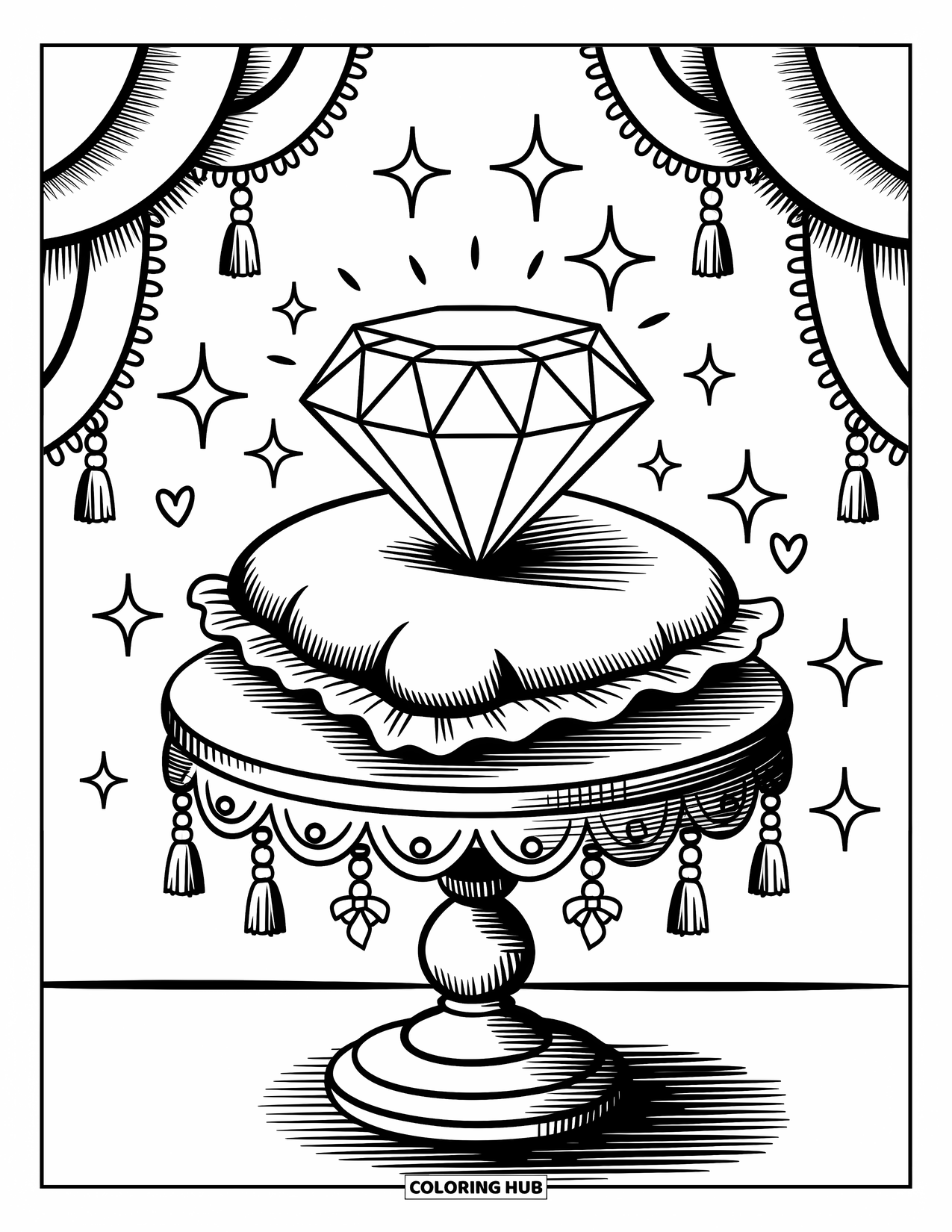 Diamond Coloring Page for Adults: A shiny diamond rests on a cushion with stars, bows, and hanging tassels