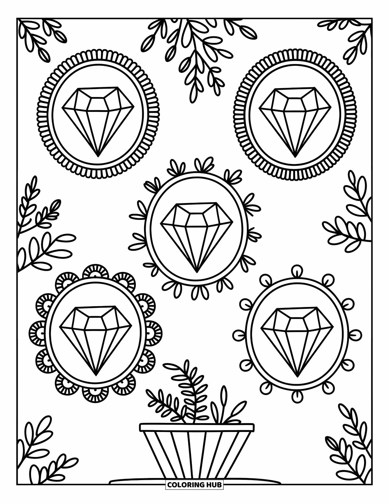 Diamond Coloring Page for Adults: Diamond cutouts in framed borders sparkle with hearts, dots, and hand-drawn labels