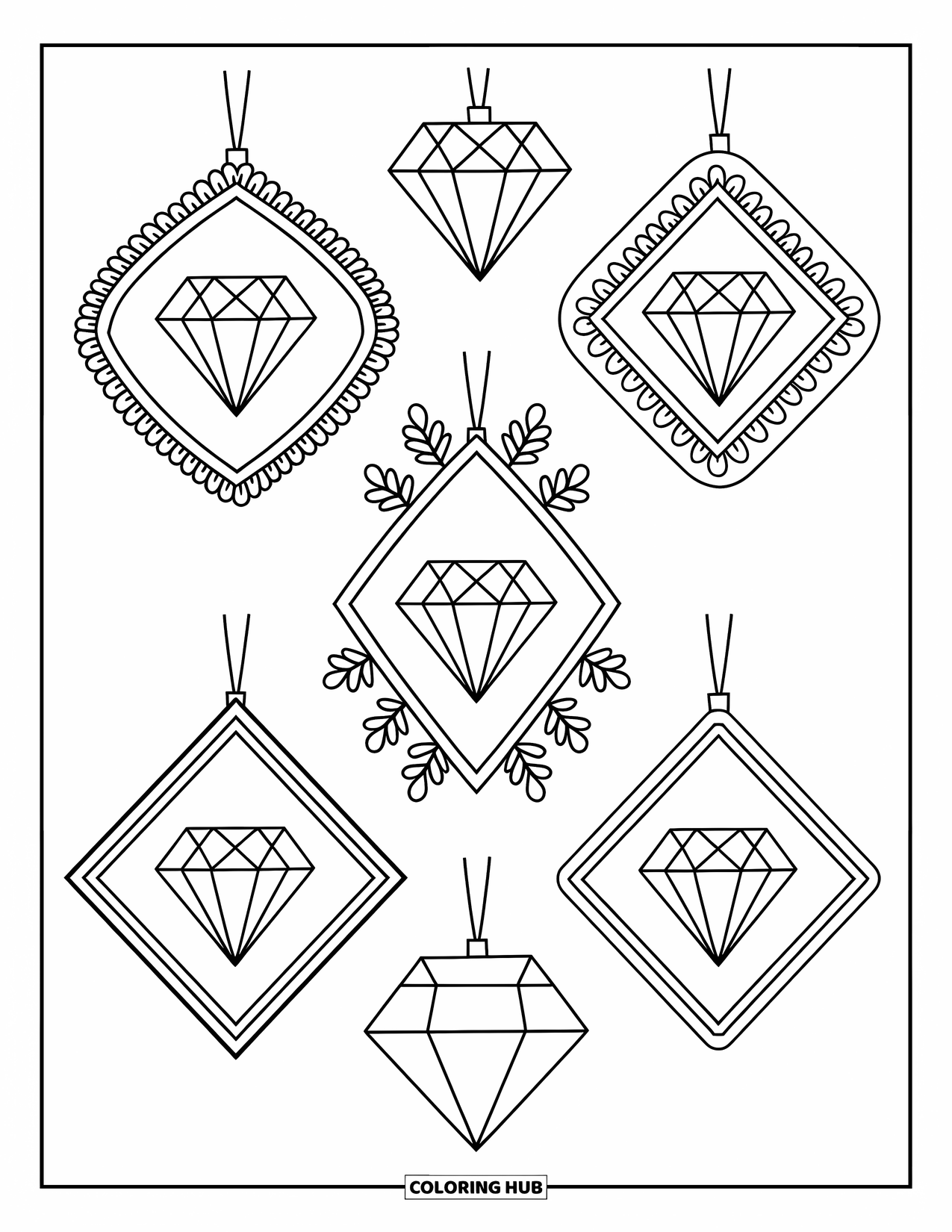 Diamond Coloring Page for Adults: Diamonds are framed and tagged with playful names in a cozy display
