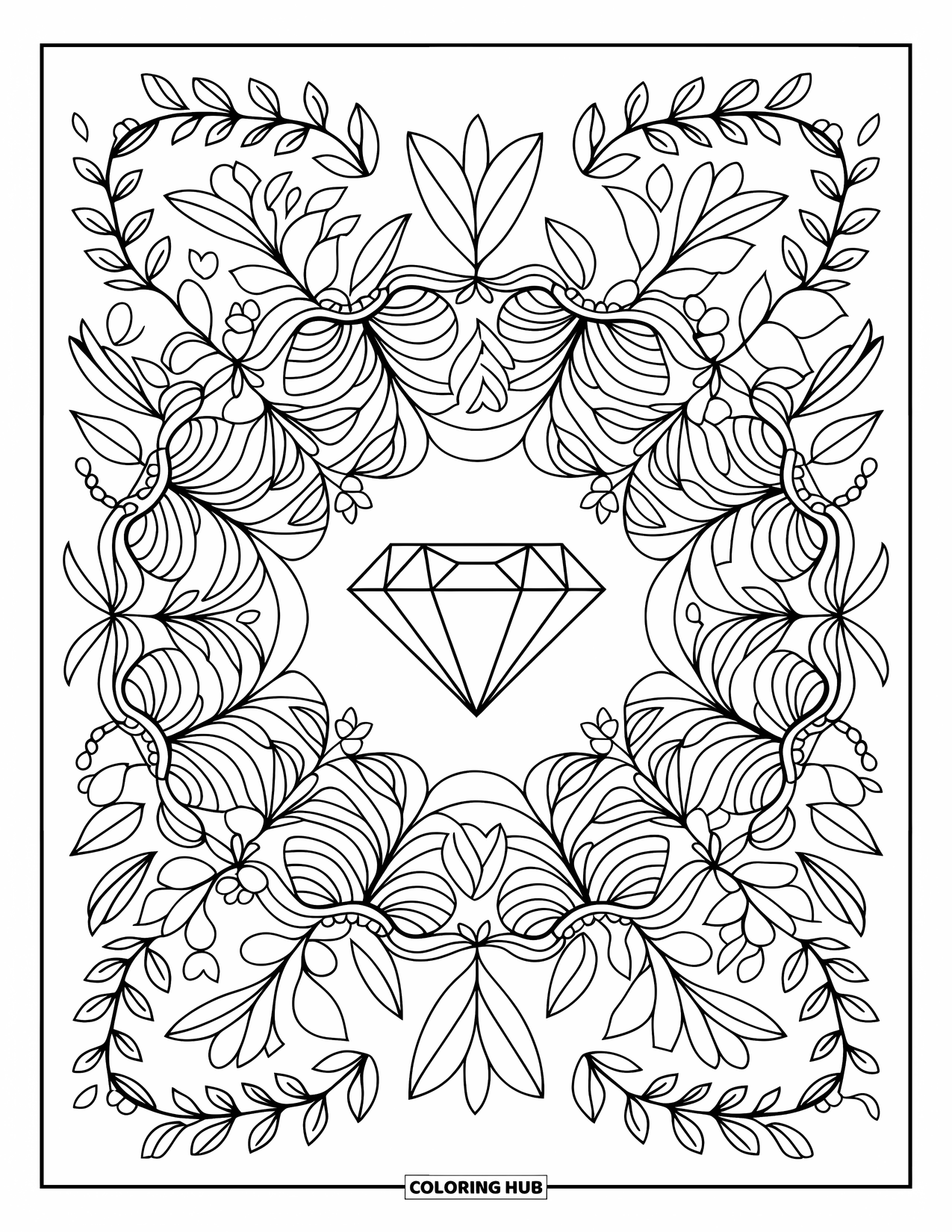 Diamond Coloring Page for Adults: Leafy vines and flowers form a mandala around a princess-cut diamond