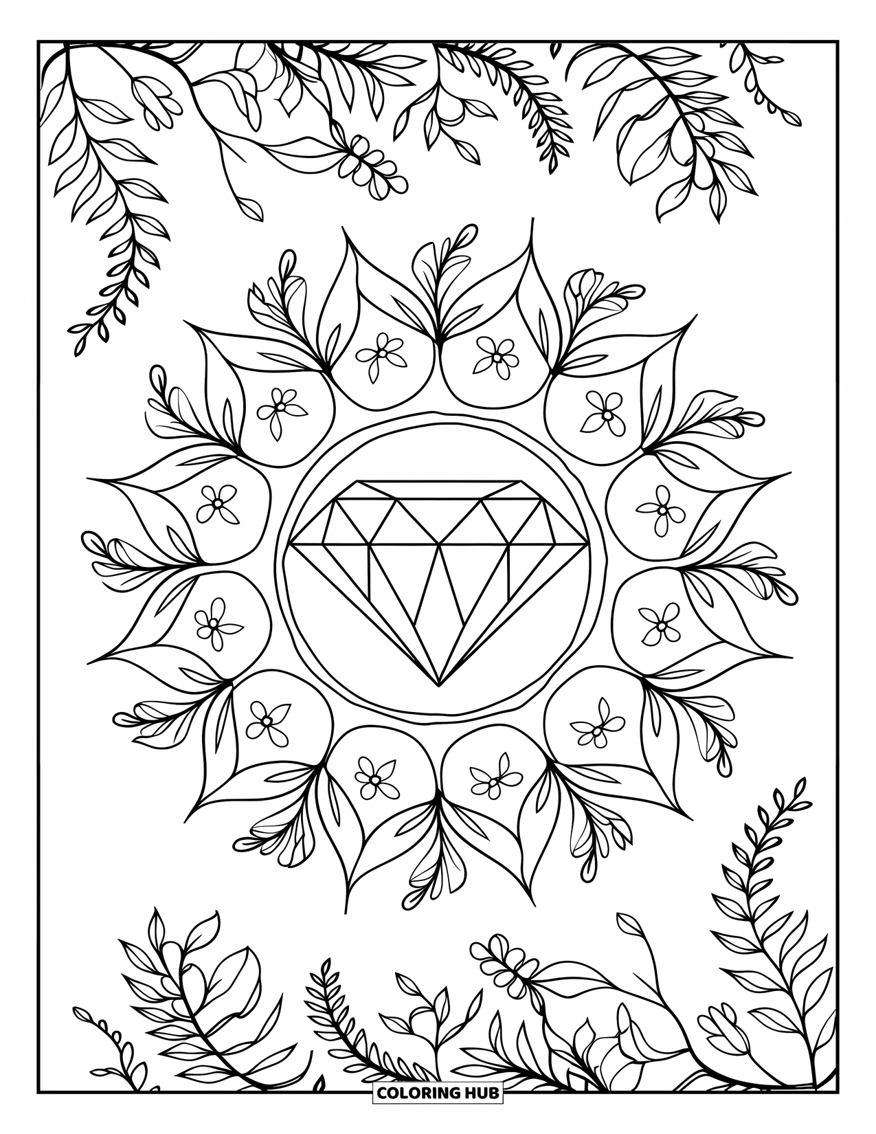 Diamond Coloring Page for Adults: Leaves and pods form a mandala around a central marquise diamond