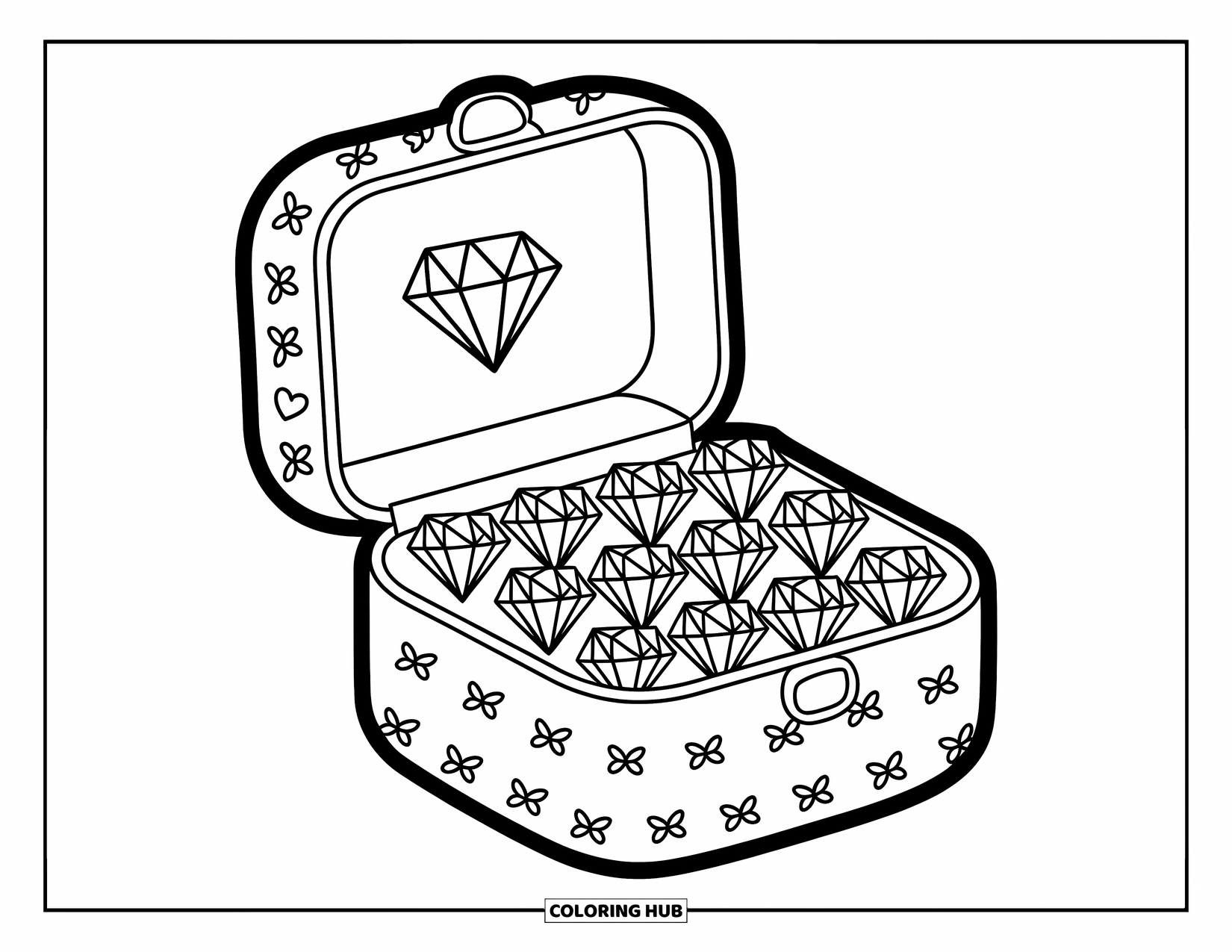 Diamond Coloring Page for Adults: Rows of tiny diamonds fill an open jewelry box decorated with bows and hearts