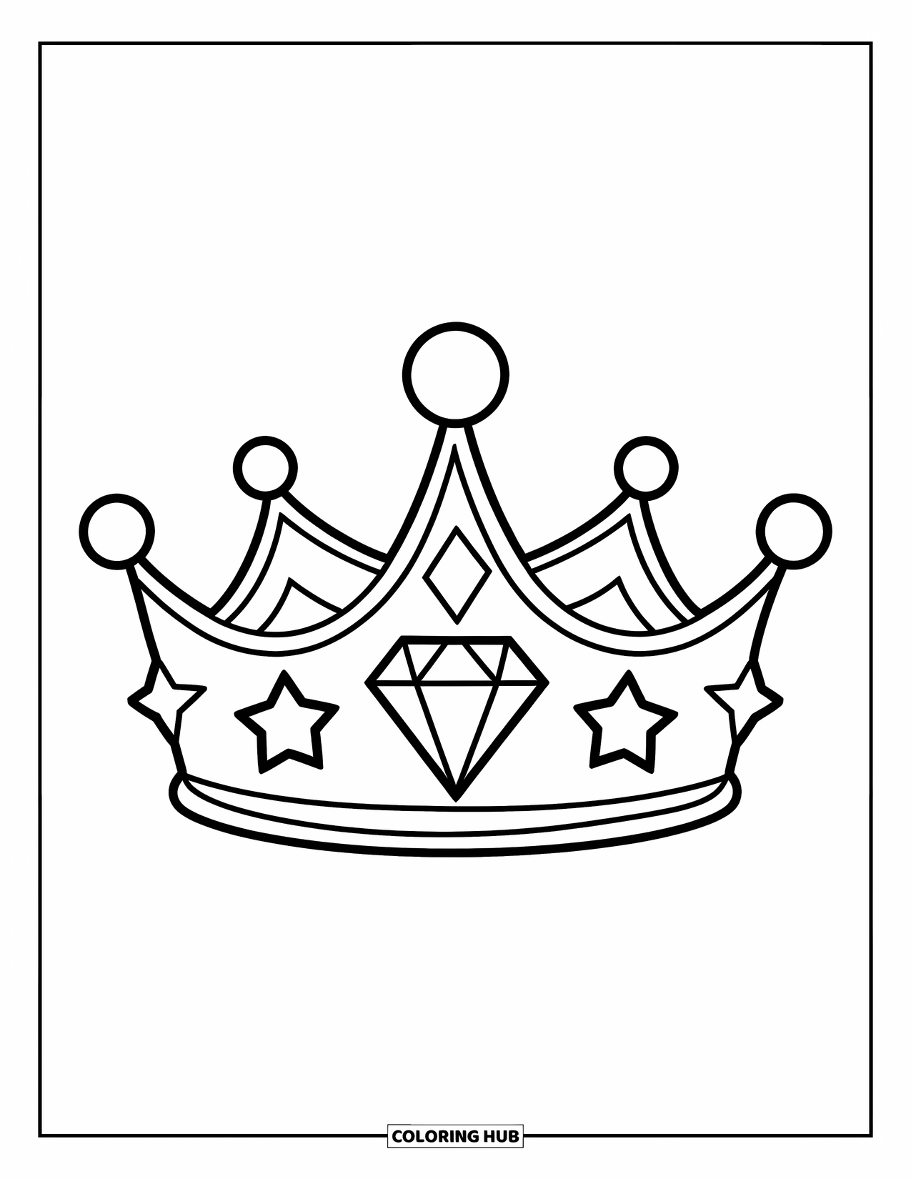 Diamond Coloring Page for Kids: A big-diamond crown sits on a white background surrounded by tiny stars