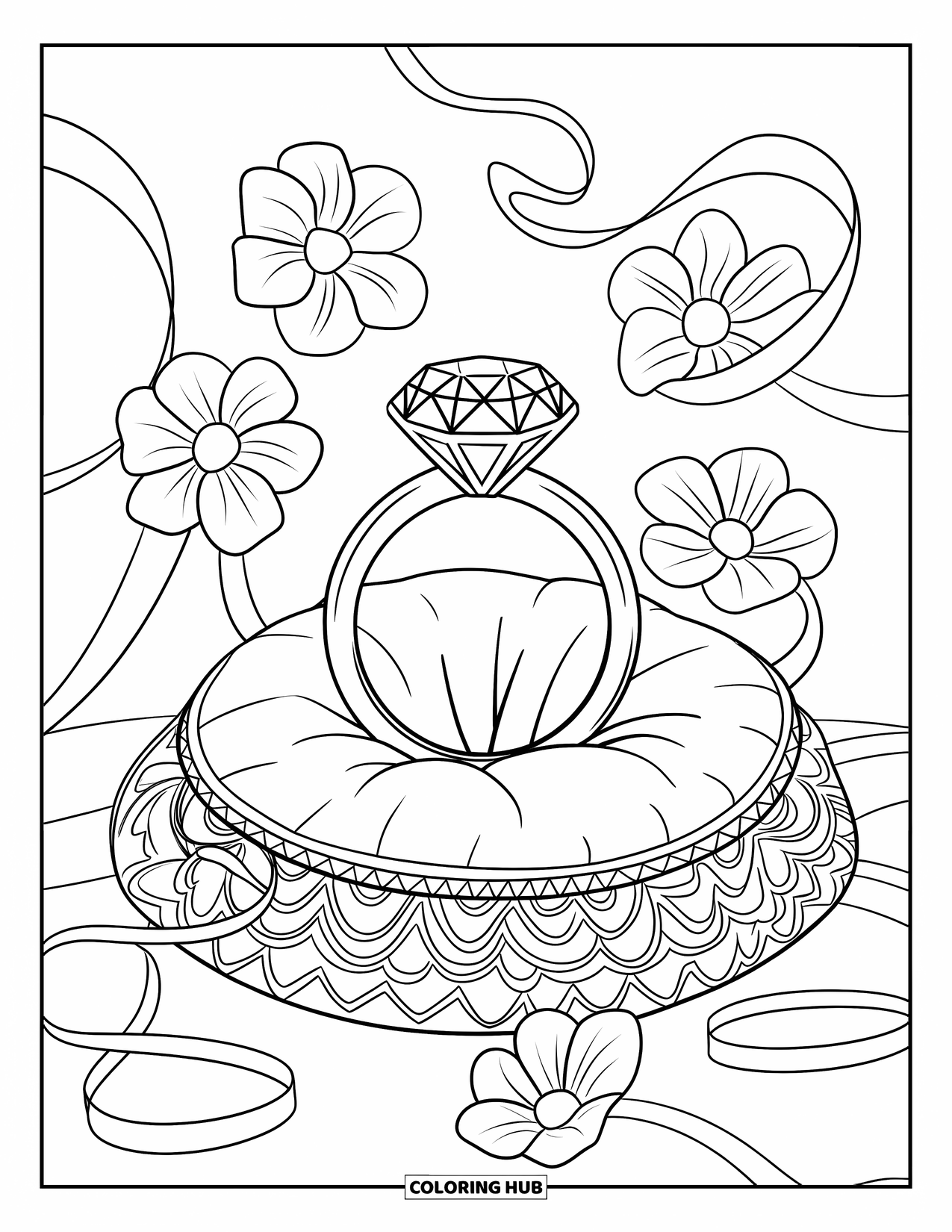 Diamond Coloring Page for Kids: A big diamond ring sits on a cushion with flowers and ribbons floating around
