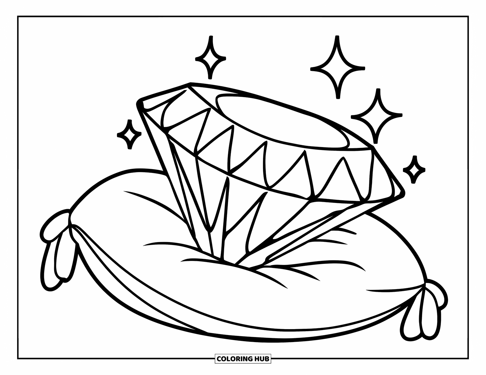 Diamond Coloring Page for Kids: A big diamond sparkles on a soft pillow with stars floating around