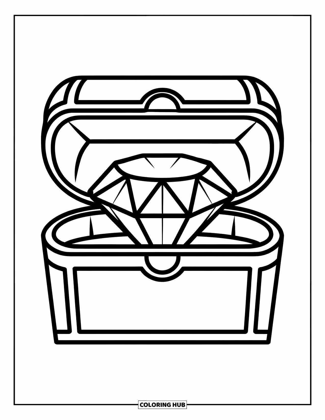 Diamond Coloring Page for Kids: A cheerful diamond lies inside a simple chest drawn for little hands to color