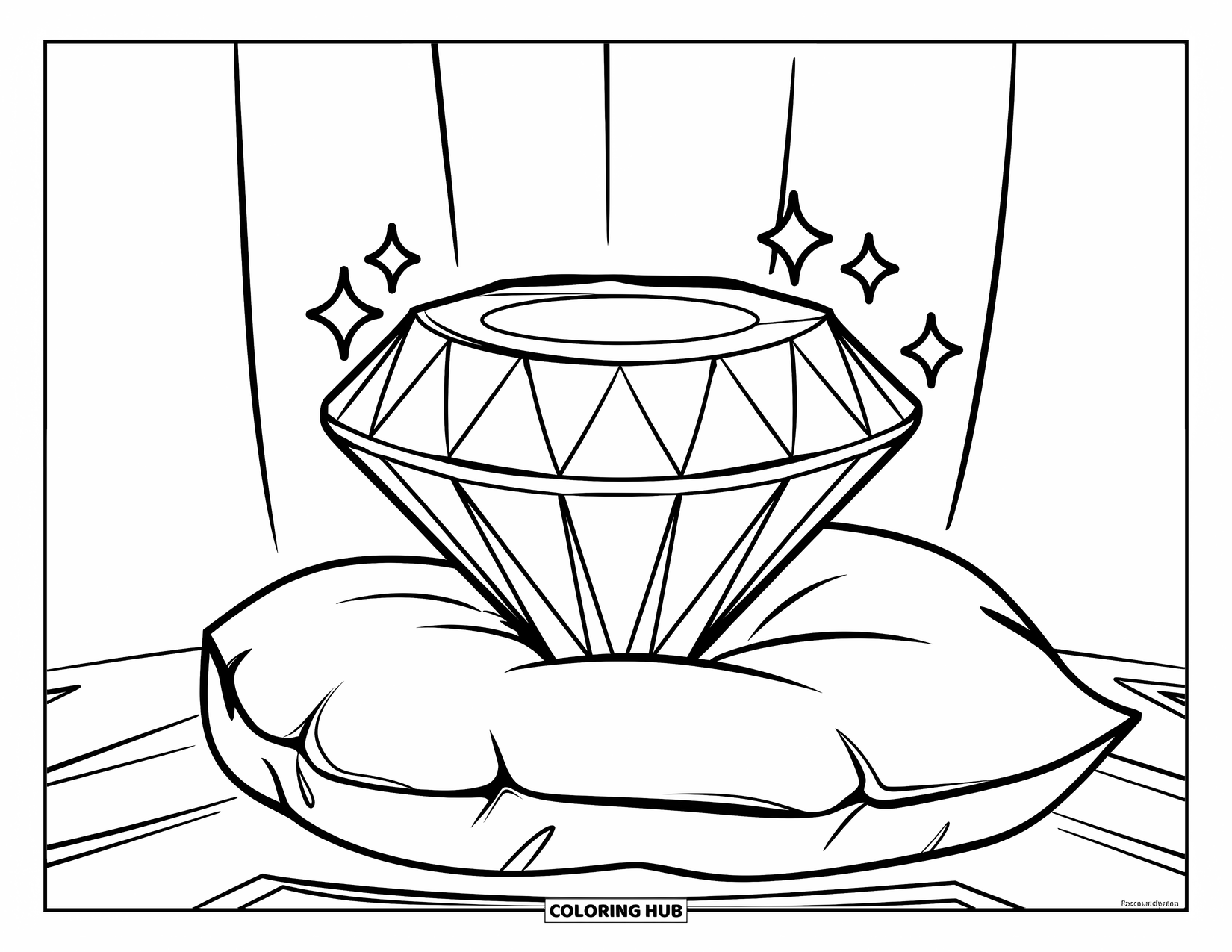 Diamond Coloring Page for Kids: A cheerful diamond lies on a pillow surrounded by cute little sparkles