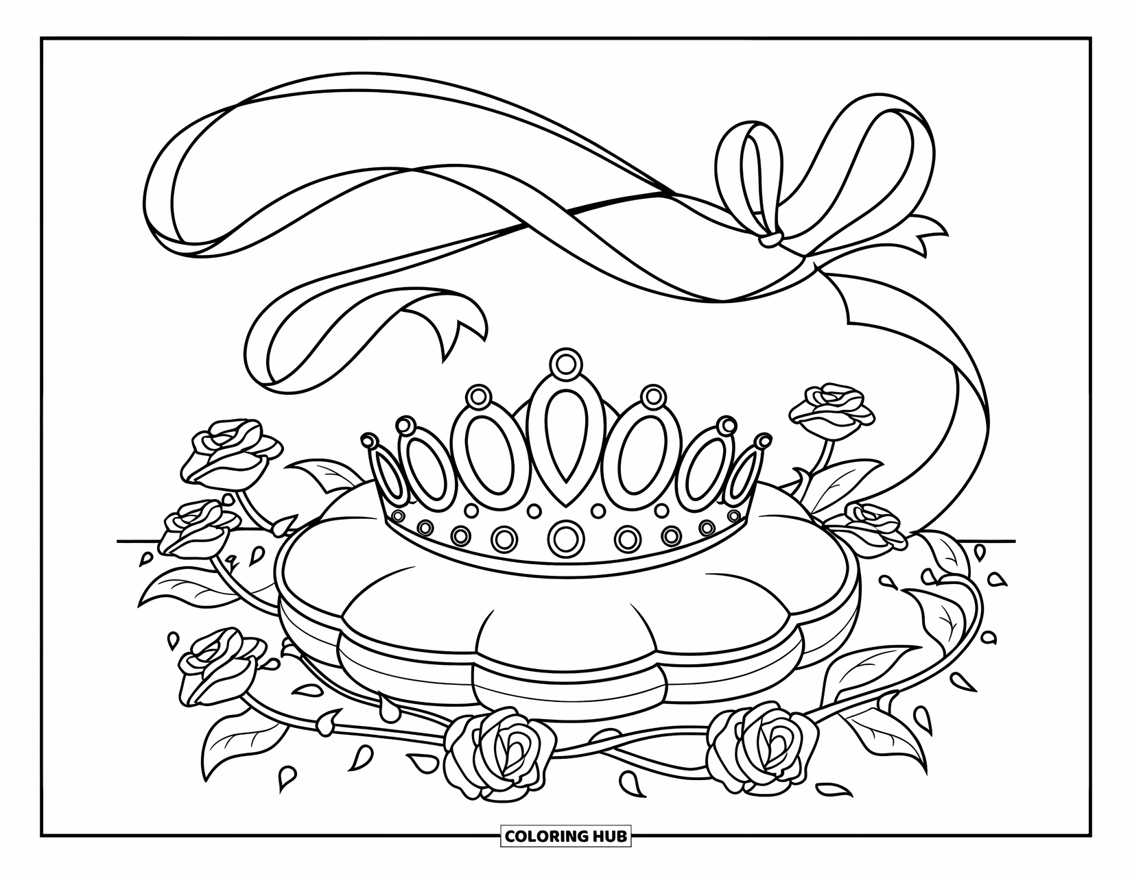 Diamond Coloring Page for Kids: A crown-like tiara sits on a cushion with roses and a bow-tied ribbon