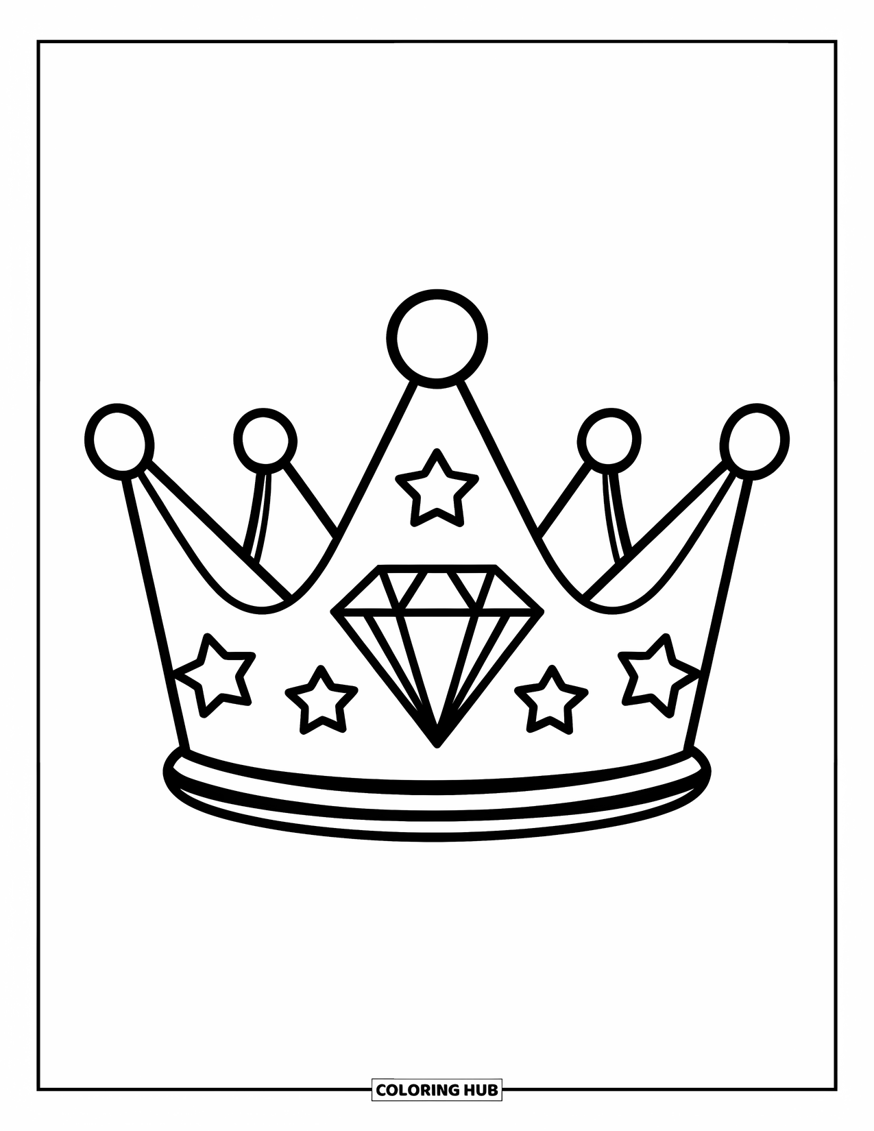 Diamond Coloring Page for Kids: A crown with a large center diamond is surrounded by playful stars