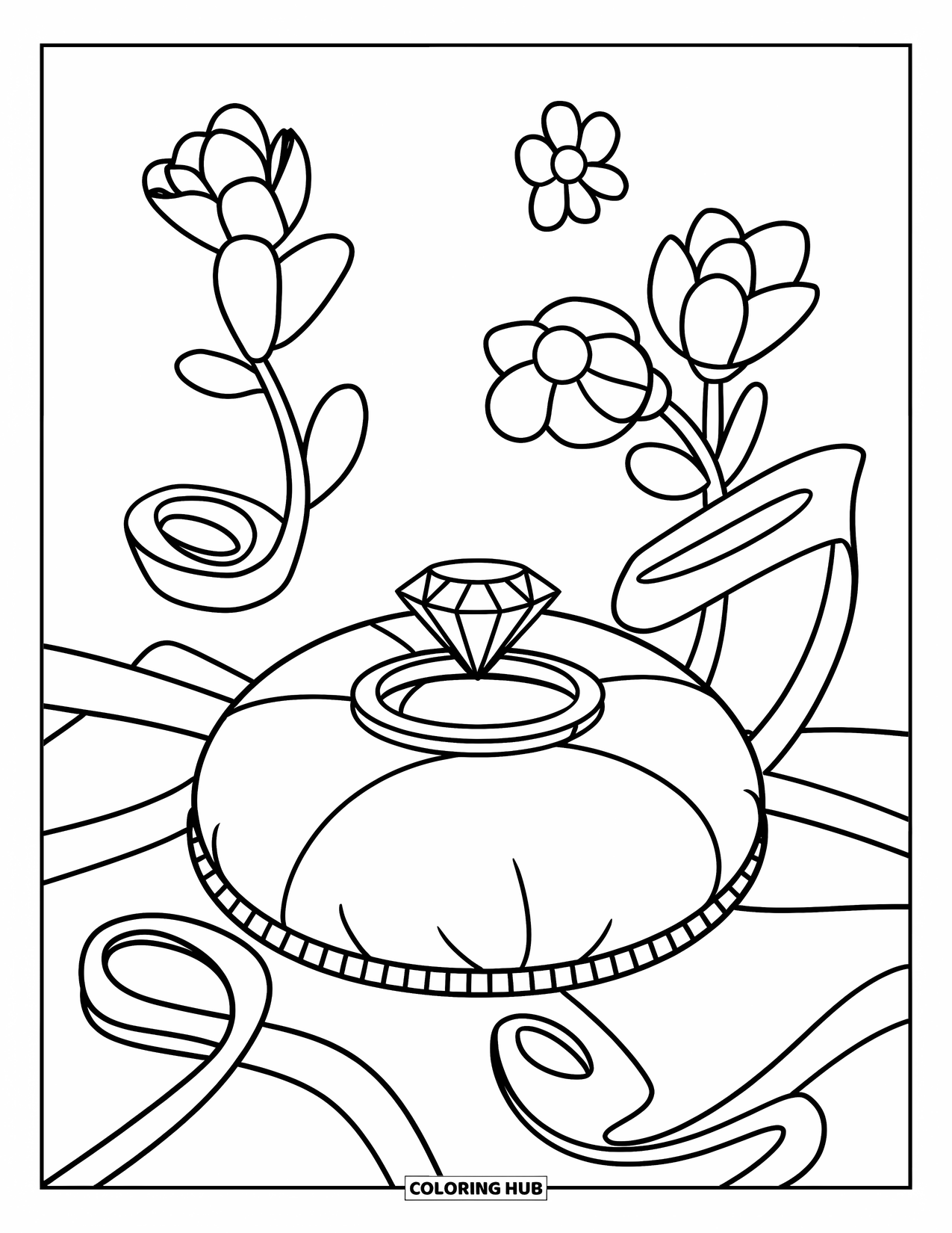 Diamond Coloring Page for Kids: A diamond ring rests on a cushion with fun floating flowers and ribbon loops