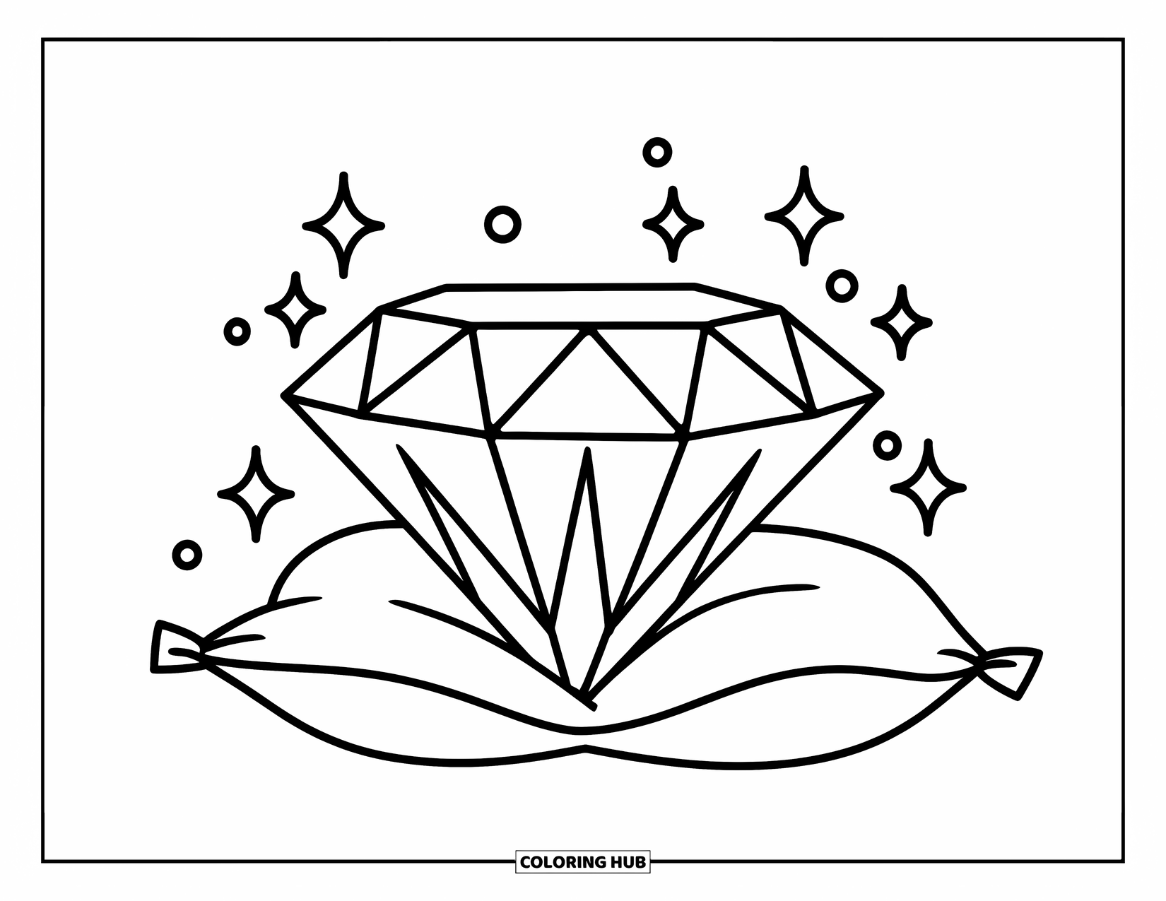 Diamond Coloring Page for Kids: A diamond sits proudly on a soft pillow with sparkles nearby