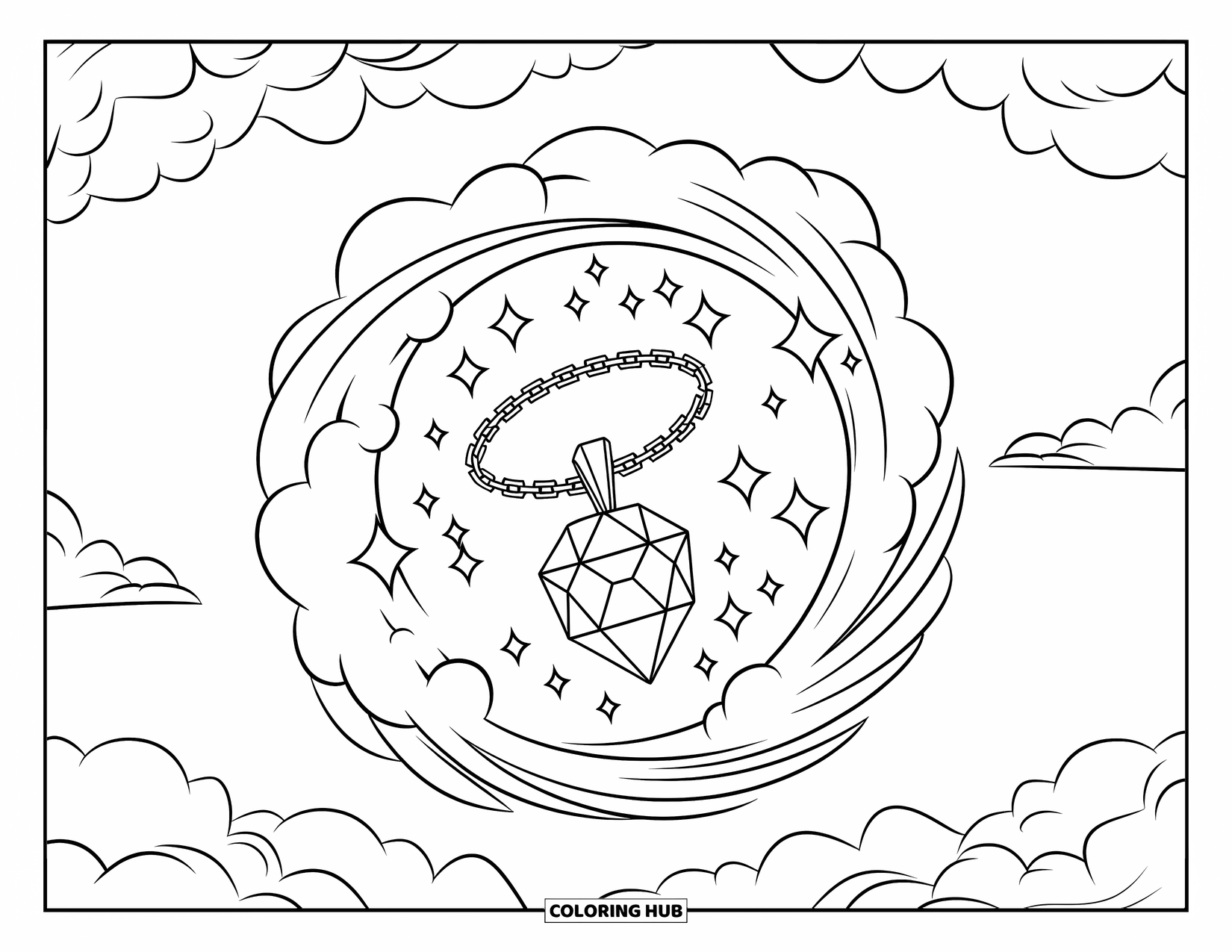 Diamond Coloring Page for Kids: A jeweled pendant floats among swirling clouds and shining stars