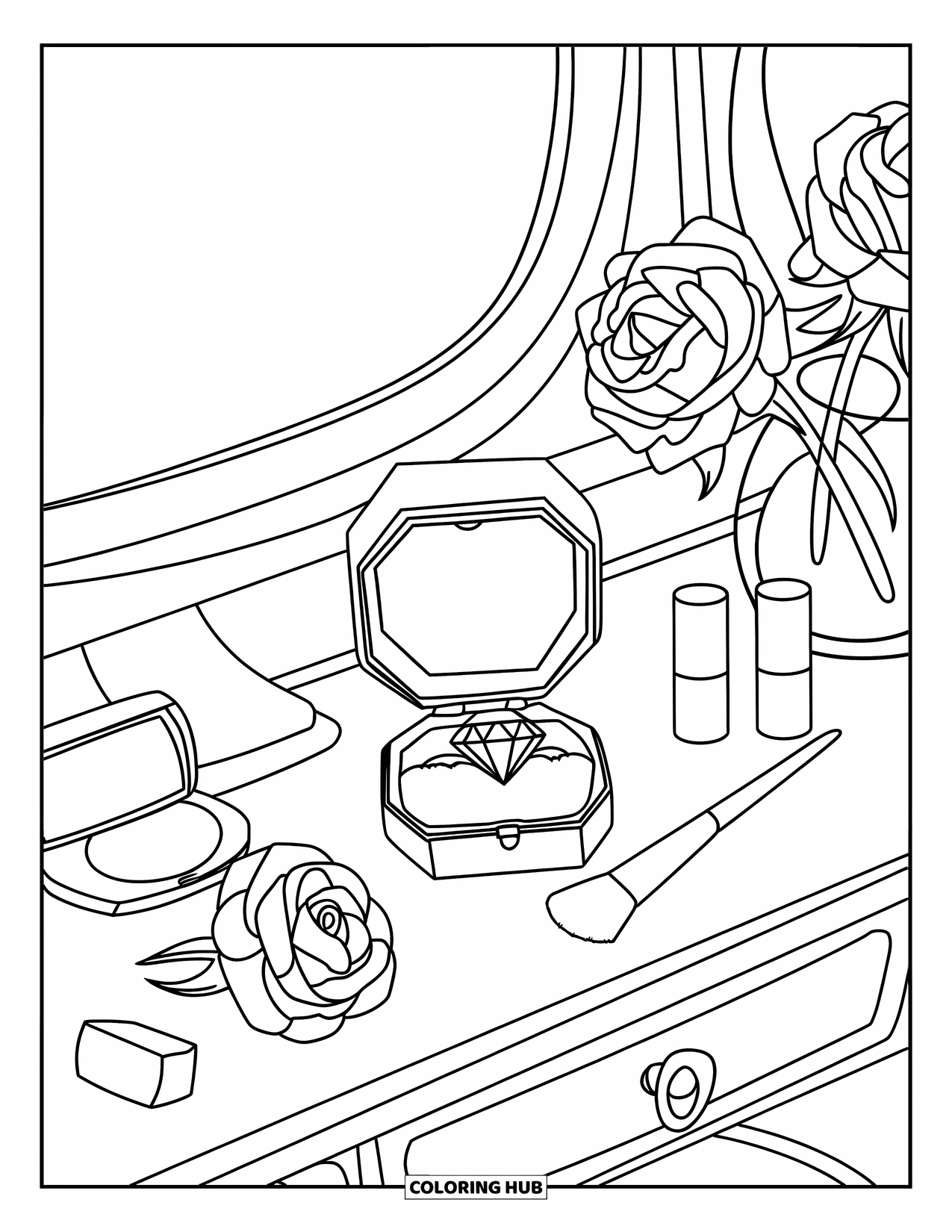 Diamond Coloring Page for Kids: A makeup desk displays a ring box, lipstick, and a few pretty roses