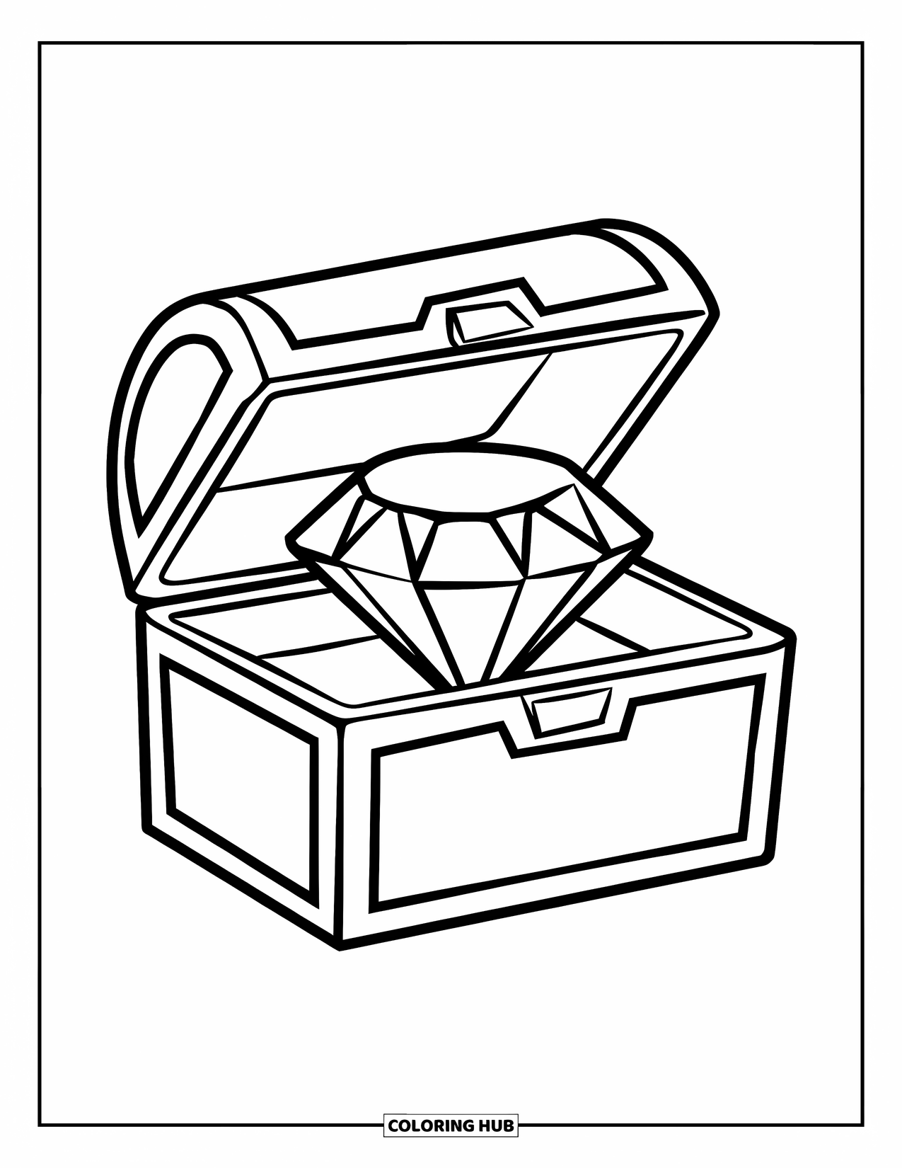 Diamond Coloring Page for Kids: A plain chest holds a big round diamond in a fun, simple design