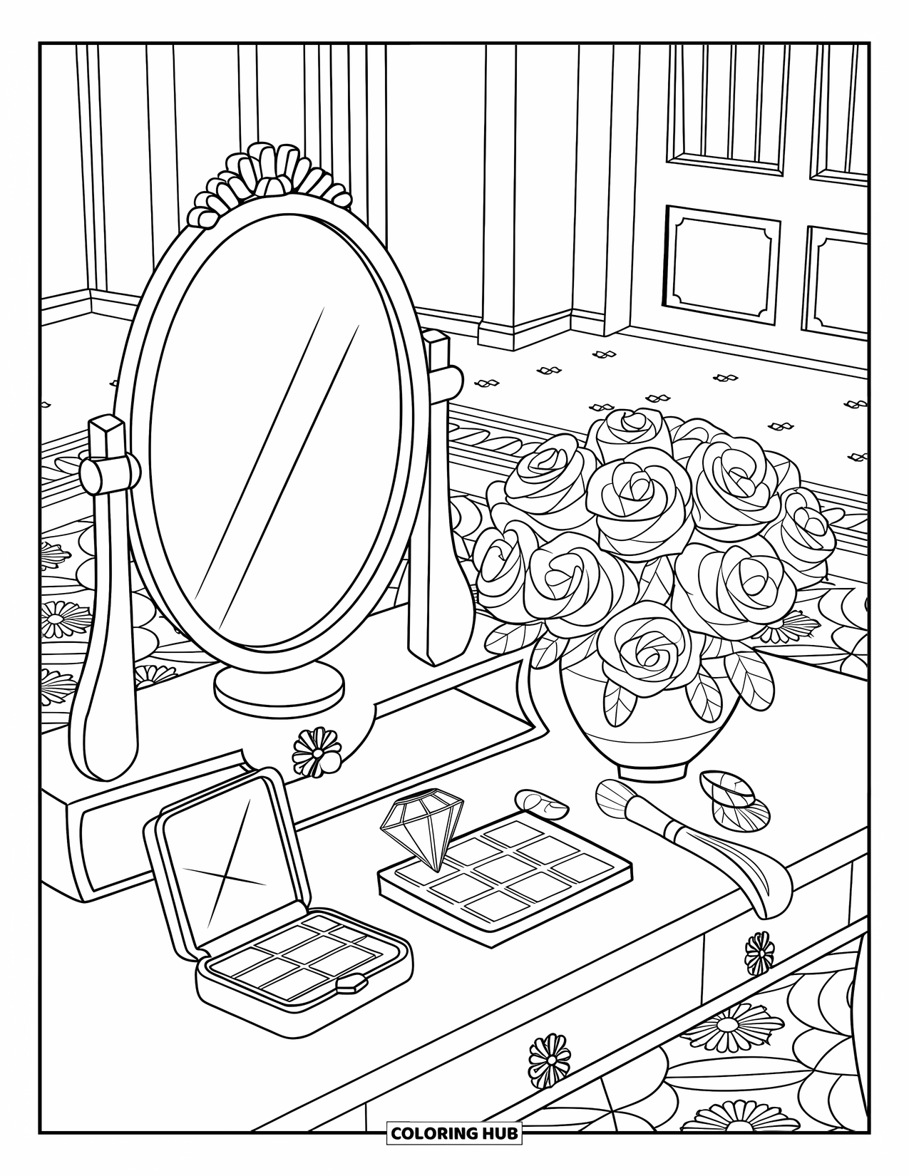 Diamond Coloring Page for Kids: A ring box, makeup, and roses sit on a stylish vanity desk