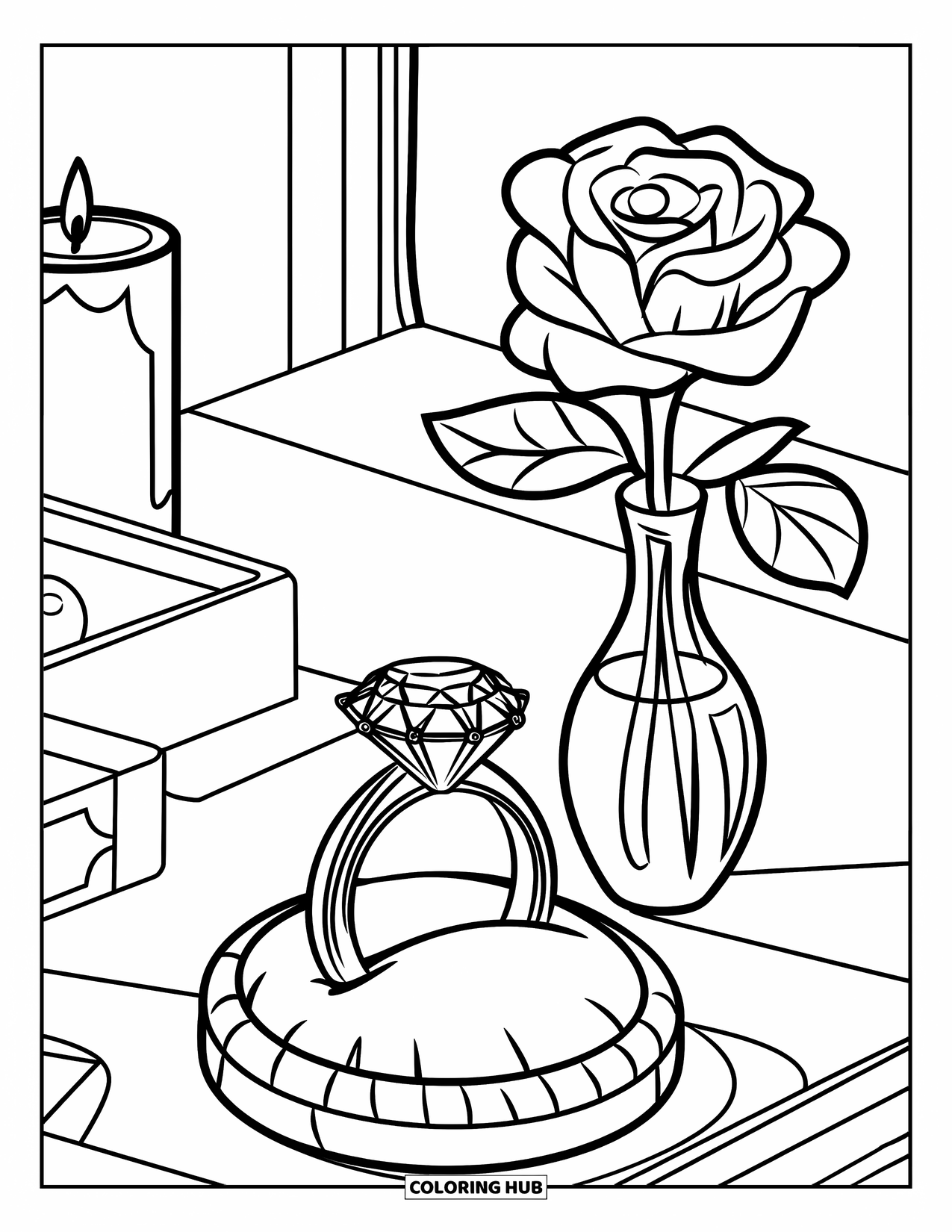 Diamond Coloring Page for Kids: A ring on a cushion sits near a flower vase, candle, and box