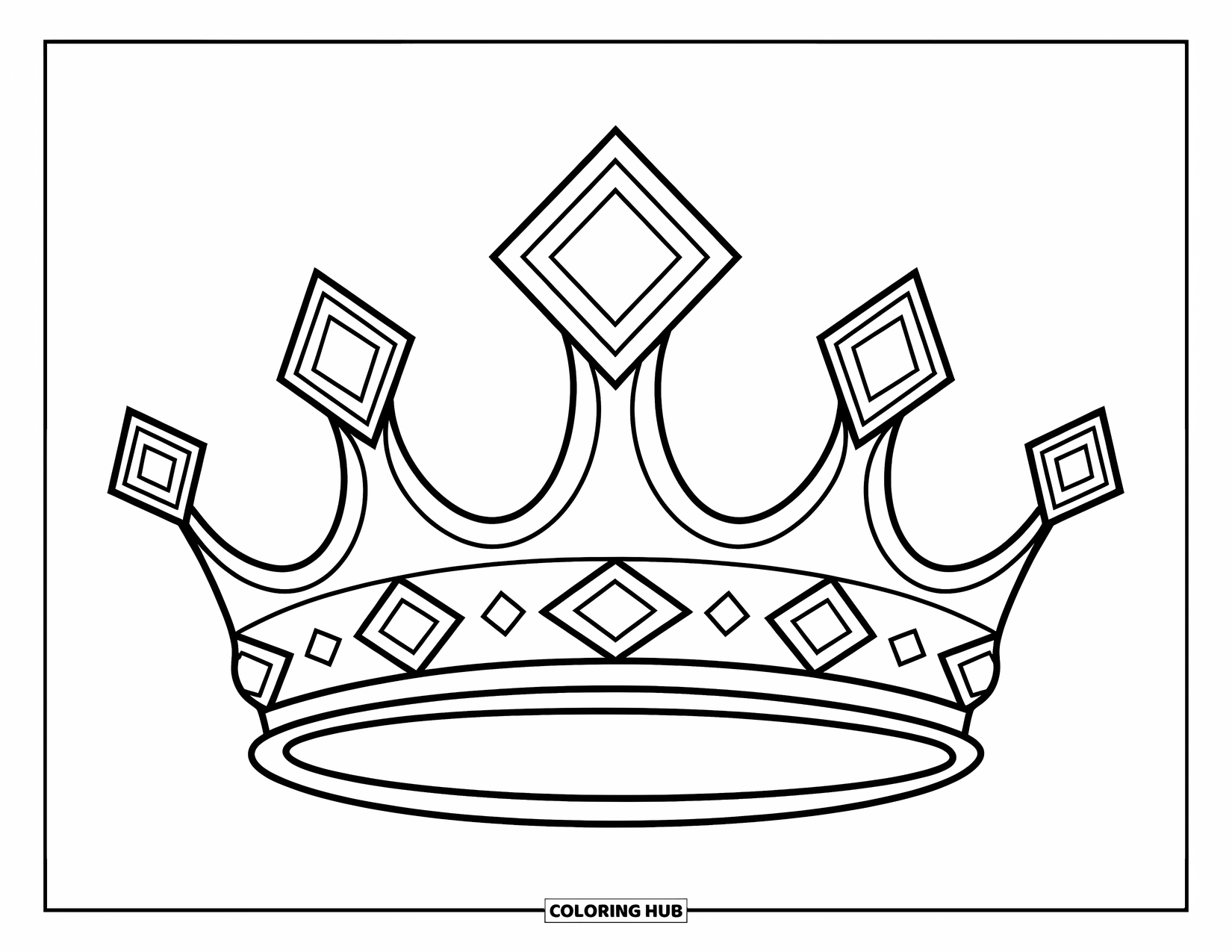 Diamond Coloring Page for Kids: A royal crown with five shiny diamonds sits at the center