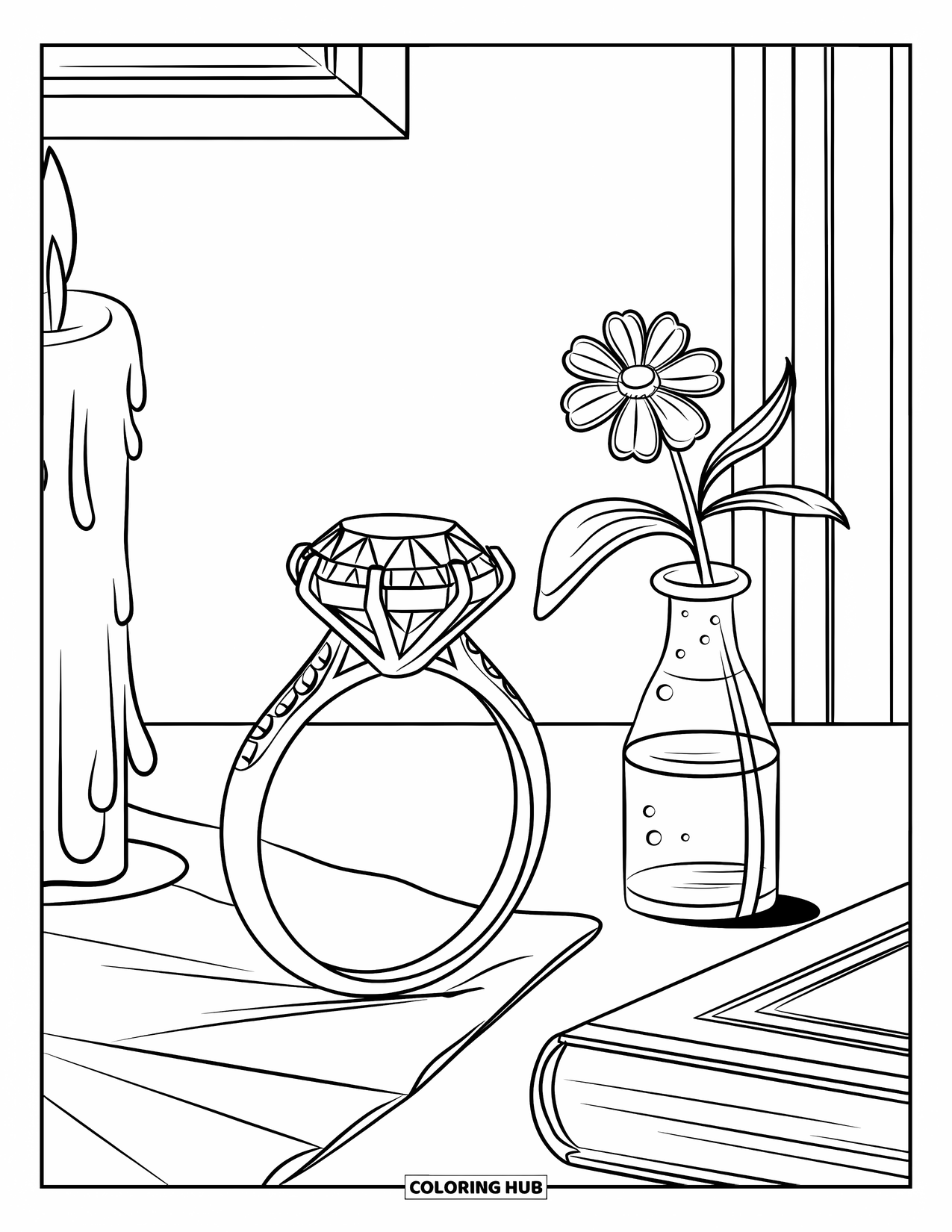 Diamond Coloring Page for Kids: A sparkling ring and flower vase sit on a table by a window