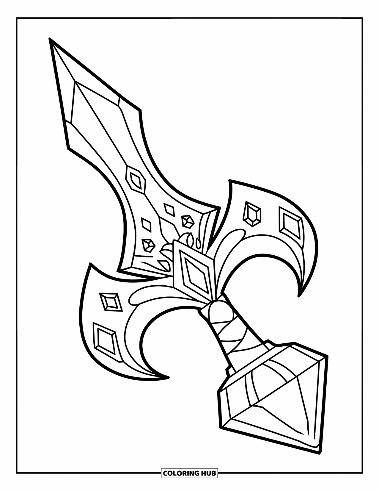 Diamond Coloring Page for Kids: A sword with a glowing crystal hilt is decorated with shiny gemstones