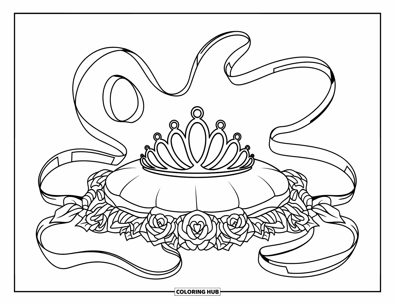 Diamond Coloring Page for Kids: A tiara rests on a cushion surrounded by roses and flowing ribbons