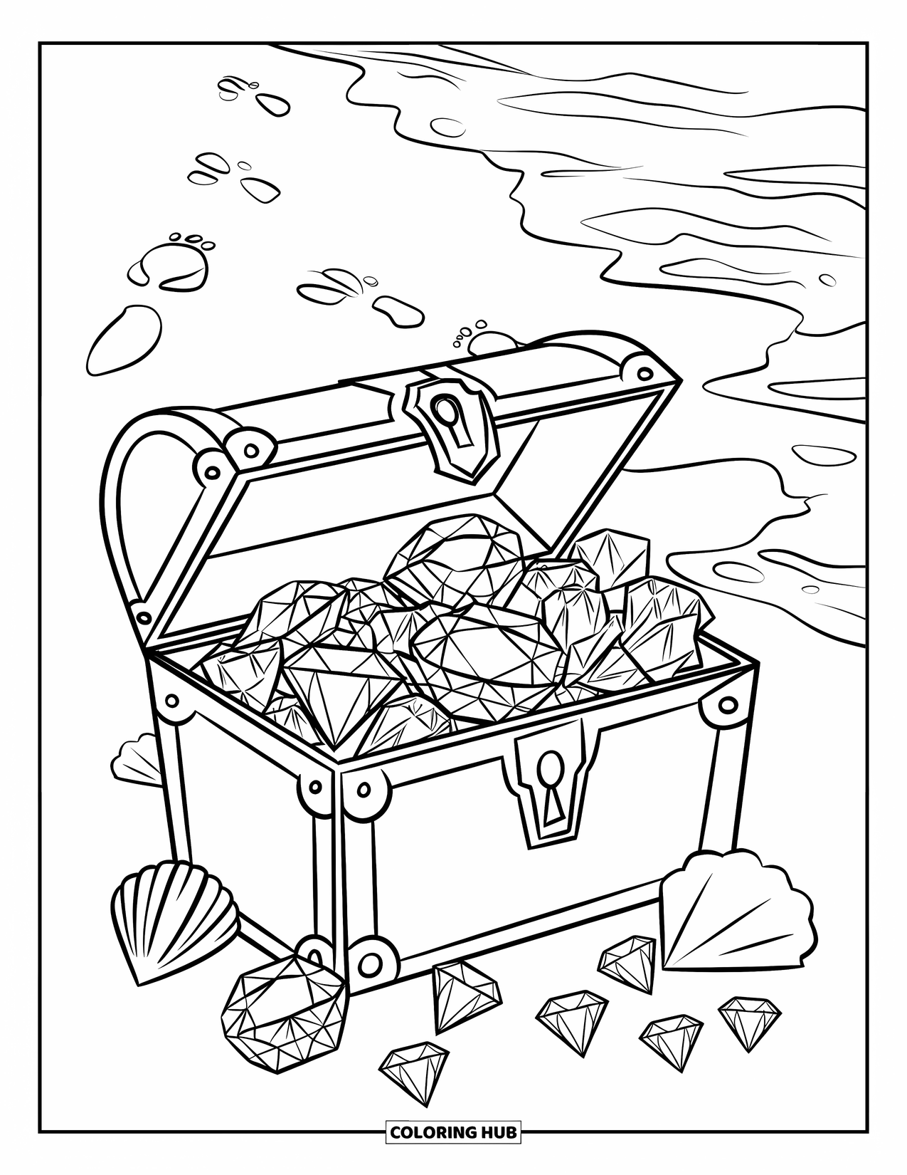 Diamond Coloring Page for Kids: A treasure chest on the beach spills out sparkling diamonds and seashells