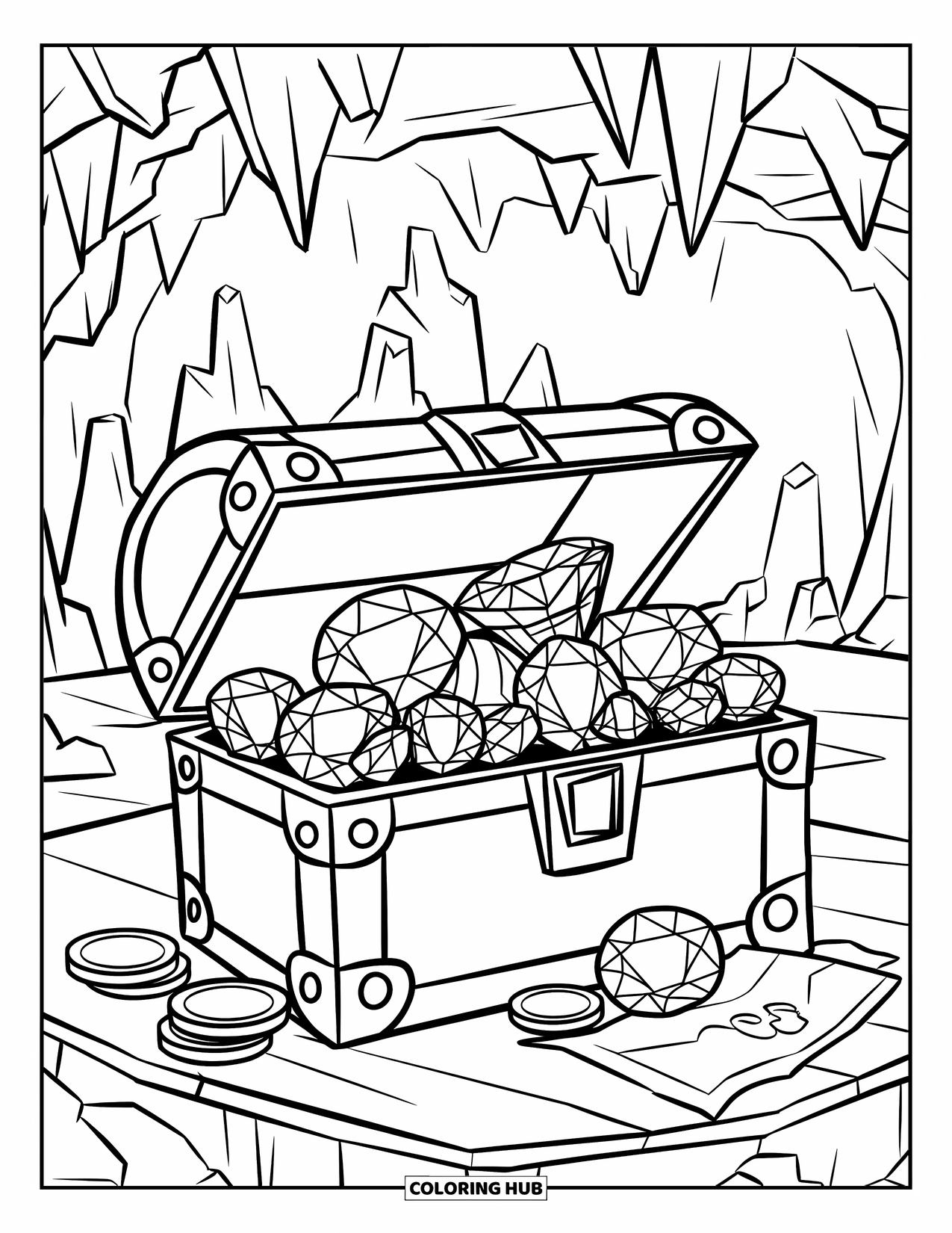 Diamond Coloring Page for Kids: A treasure chest with diamonds and coins rests inside a rocky cave