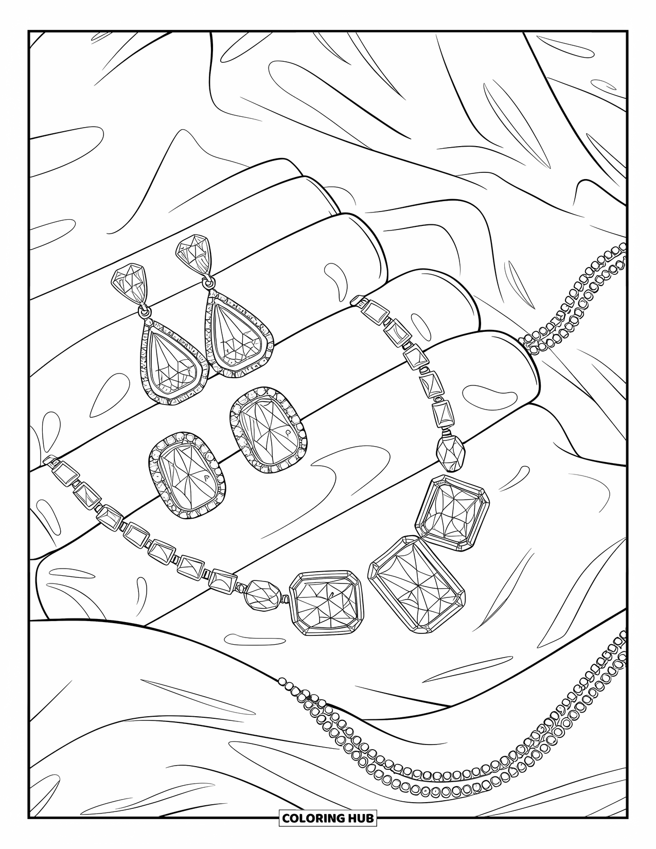 Diamond Coloring Page for Kids: Diamond earrings, rings, and necklaces are displayed on patterned fabric