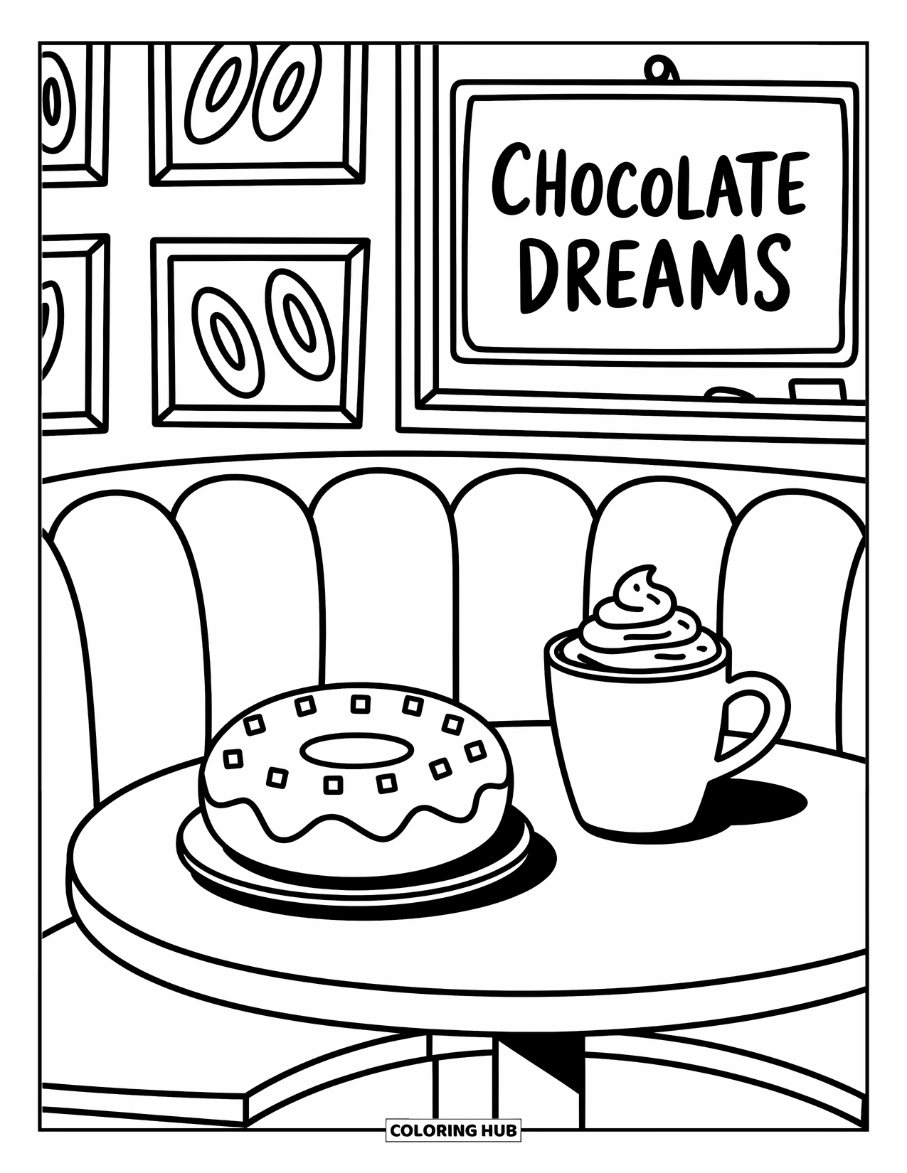 Doughnut Coloring Page for Adults: A chocolate doughnut with fudge glaze and cocoa sits in a booth with framed doodles