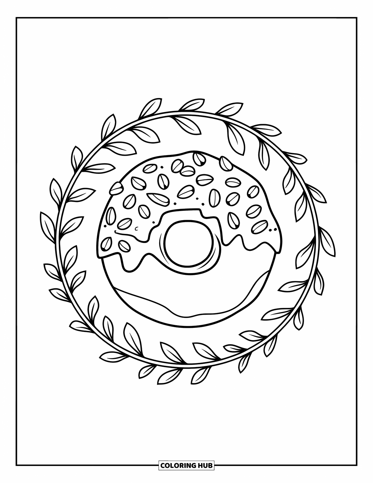 Doughnut Coloring Page for Adults: A chocolate doughnut with nuts is framed by detailed botanical vines and leaves