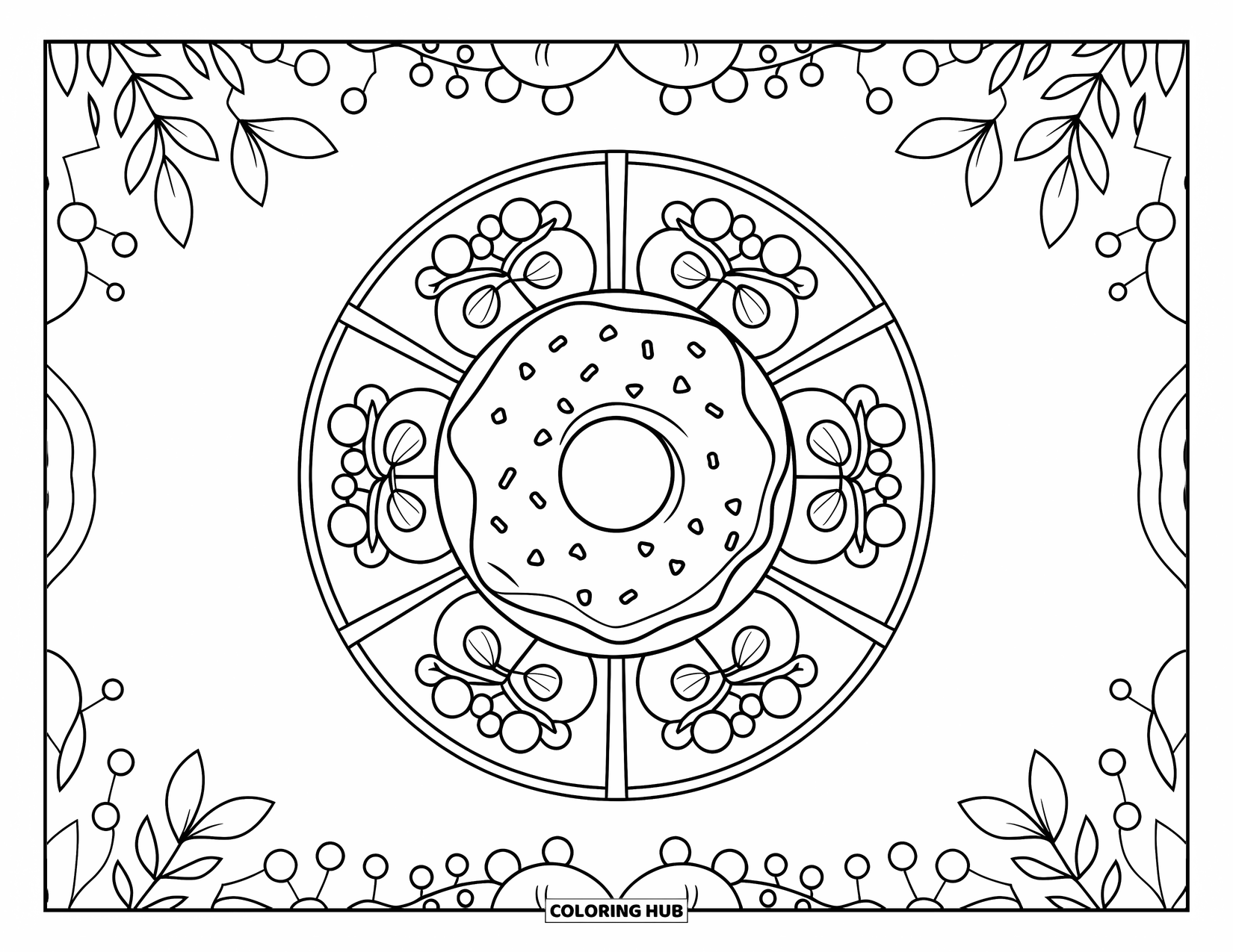 Doughnut Coloring Page for Adults: A cinnamon doughnut rests in a leafy botanical wheel filled with detailed, flowing designs