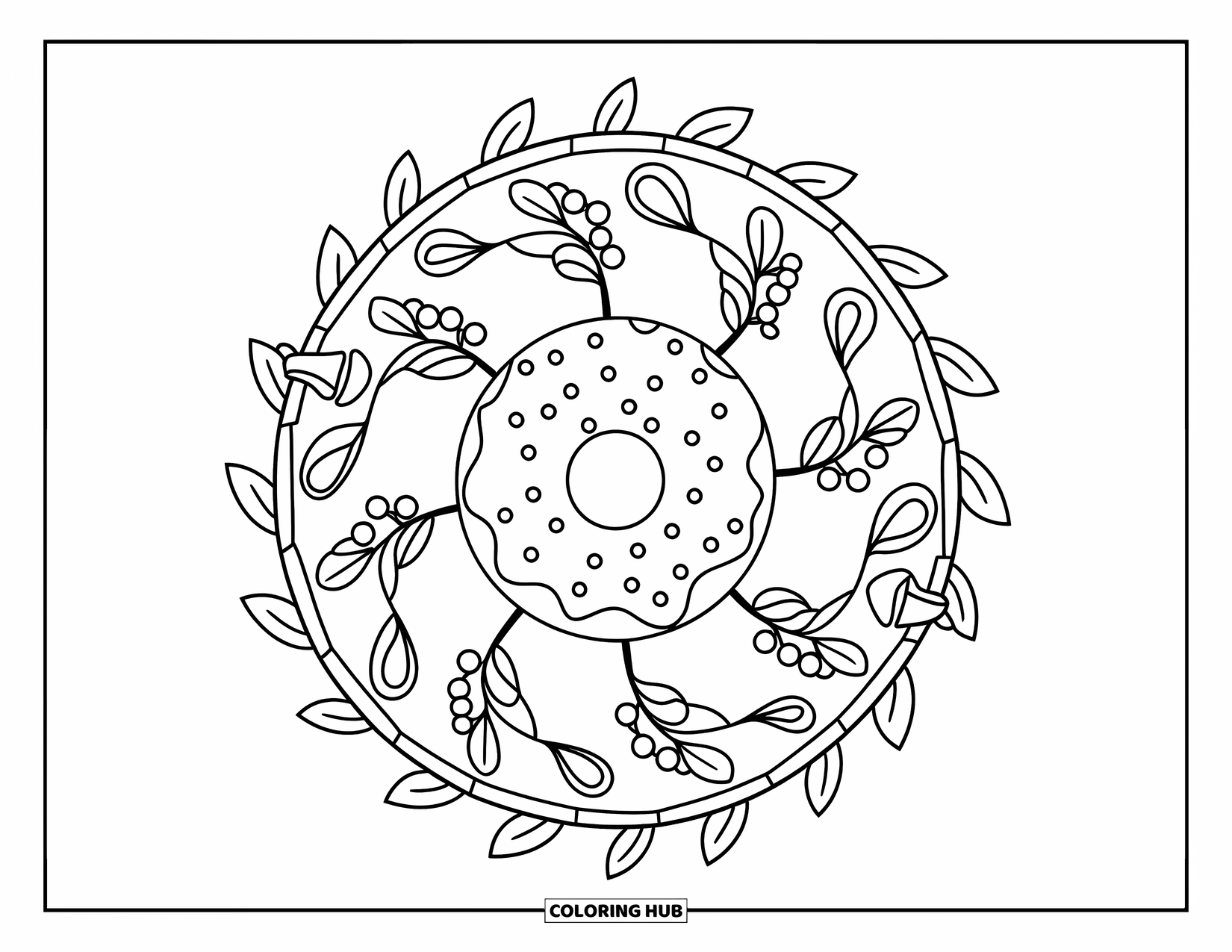 Doughnut Coloring Page for Adults: A cinnamon sugar doughnut is surrounded by a circular pattern of leaves and berries