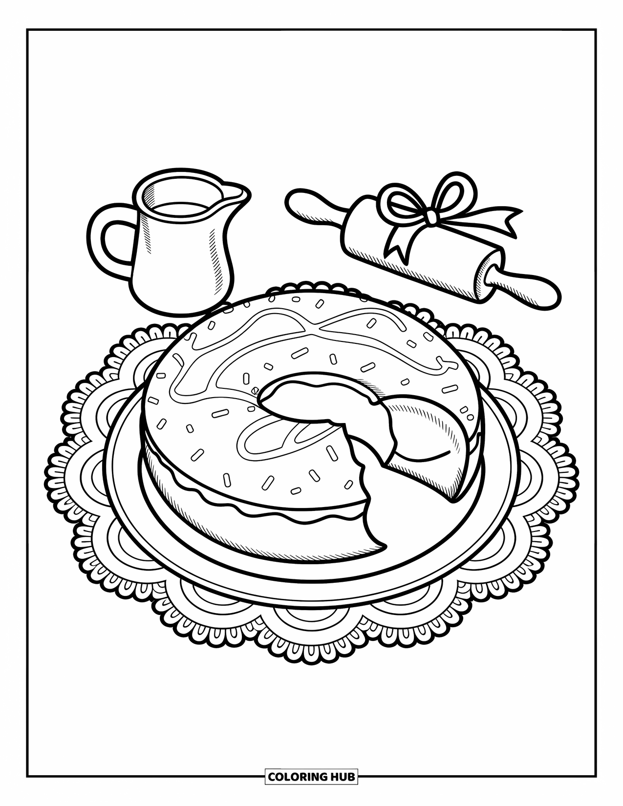 Doughnut Coloring Page for Adults: A cozy vanilla doughnut with frosting swirls and baking tools creates a charming kitchen scene