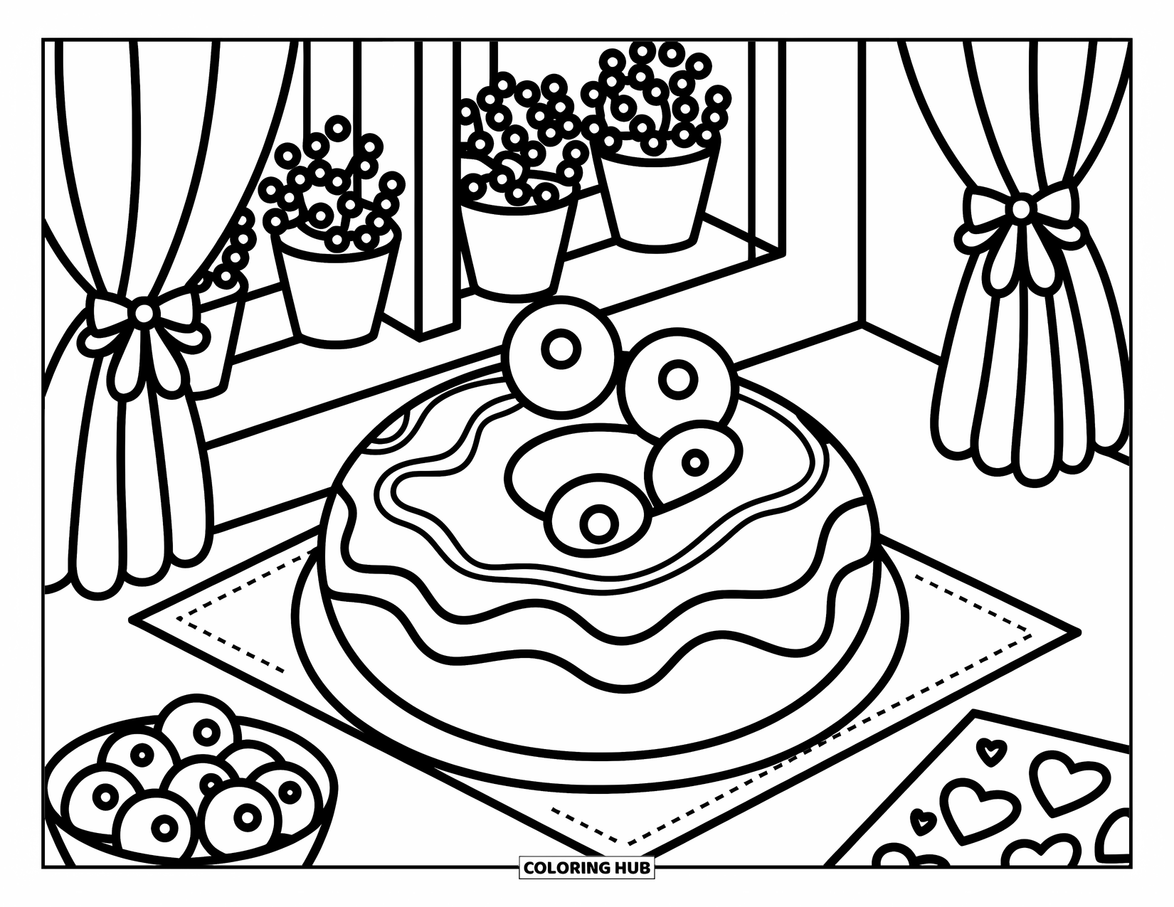 Doughnut Coloring Page for Adults: A cute blueberry doughnut by the window is surrounded by bows, berries, and heart-filled notes