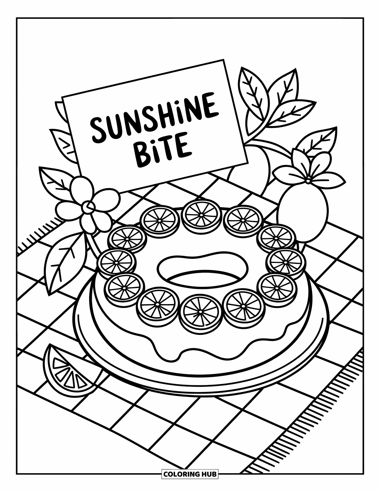 Doughnut Coloring Page for Adults: A flower-crowned lemon doughnut rests among blossoms, leaves, and a cheerful note card