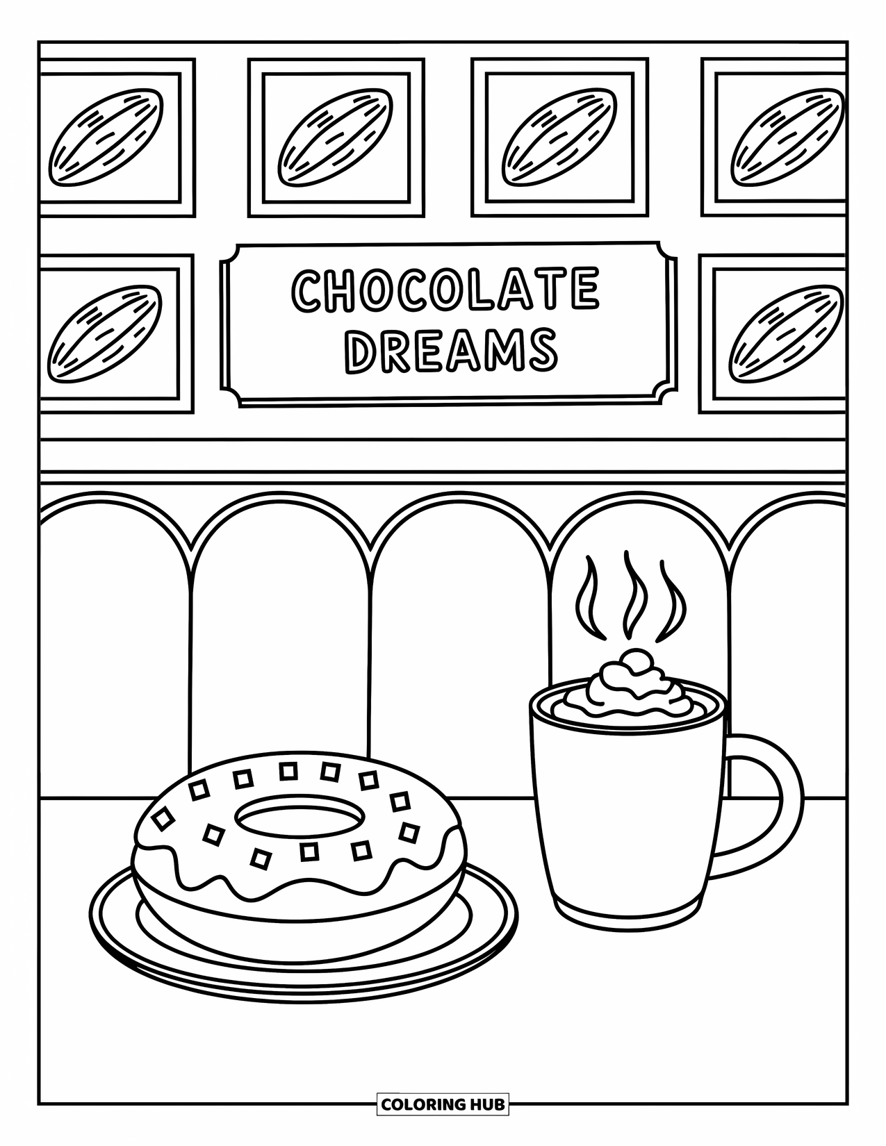 Doughnut Coloring Page for Adults: A fudge-glazed doughnut and hot cocoa sit in a booth under a ìChocolate Dreamsî chalkboard